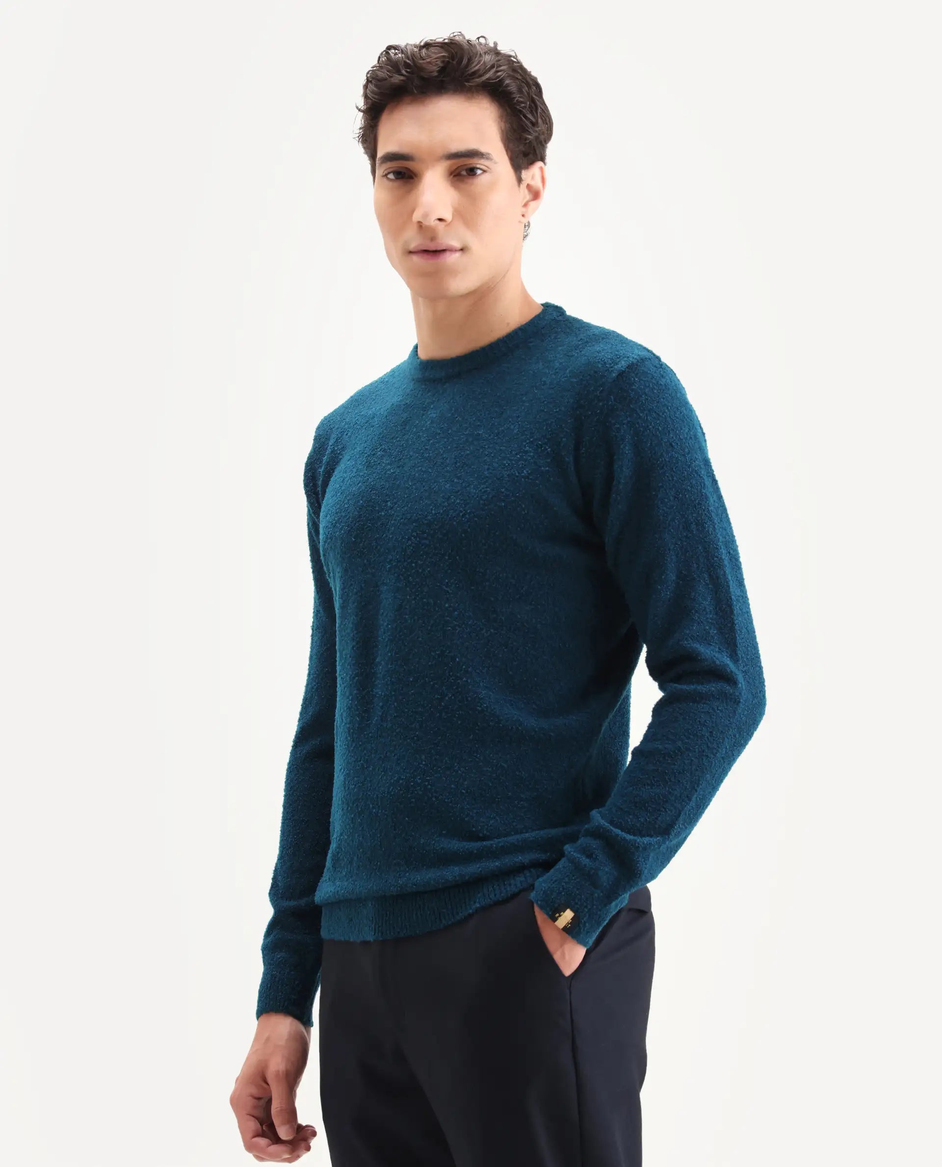 Rare Rabbit Men's Bocle Petrol Polyester Textured Relaxed Fit Full Sleeve Crew Neck Sweater