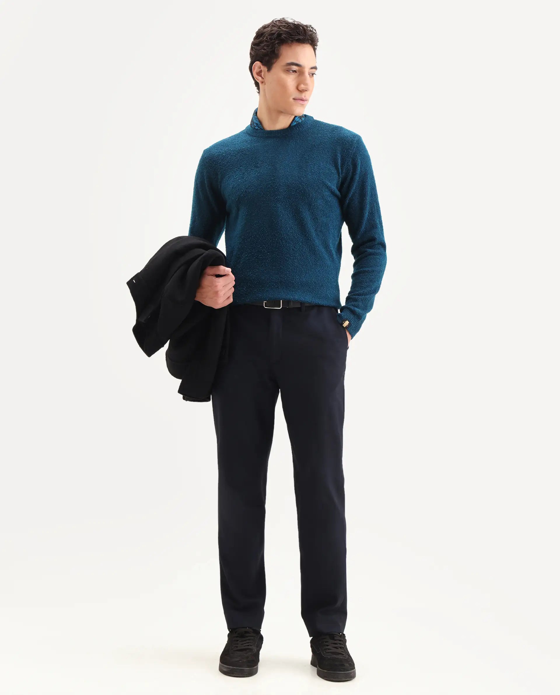 Rare Rabbit Men's Bocle Petrol Polyester Textured Relaxed Fit Full Sleeve Crew Neck Sweater