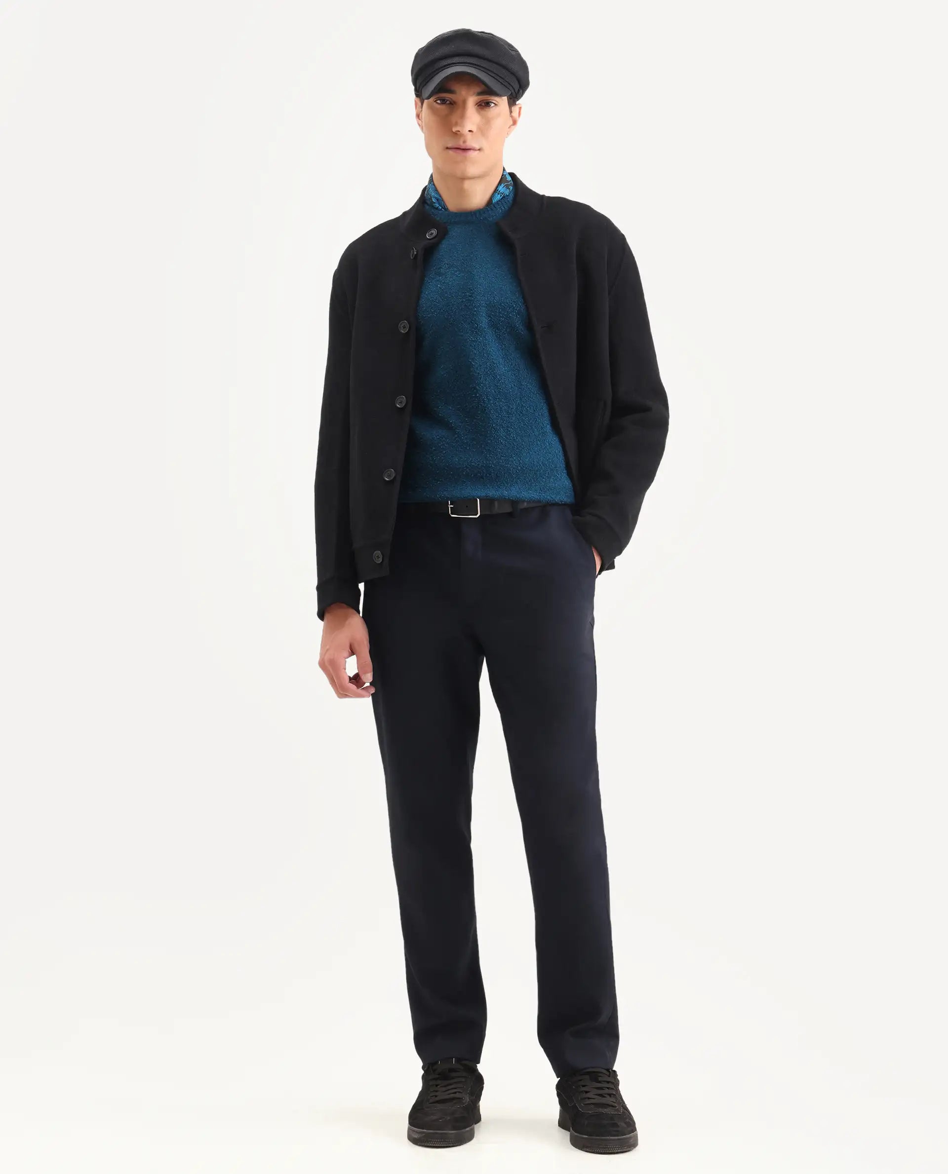 Rare Rabbit Men's Bocle Petrol Polyester Textured Relaxed Fit Full Sleeve Crew Neck Sweater