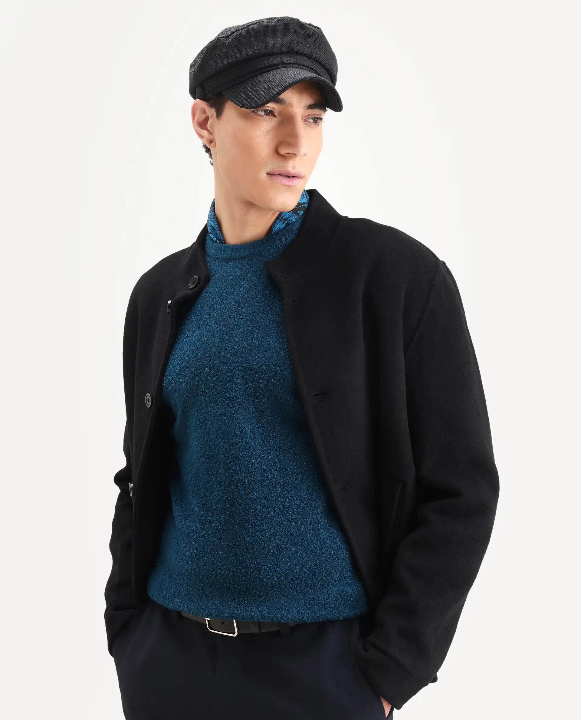 Rare Rabbit Men's Bocle Petrol Polyester Textured Relaxed Fit Full Sleeve Crew Neck Sweater