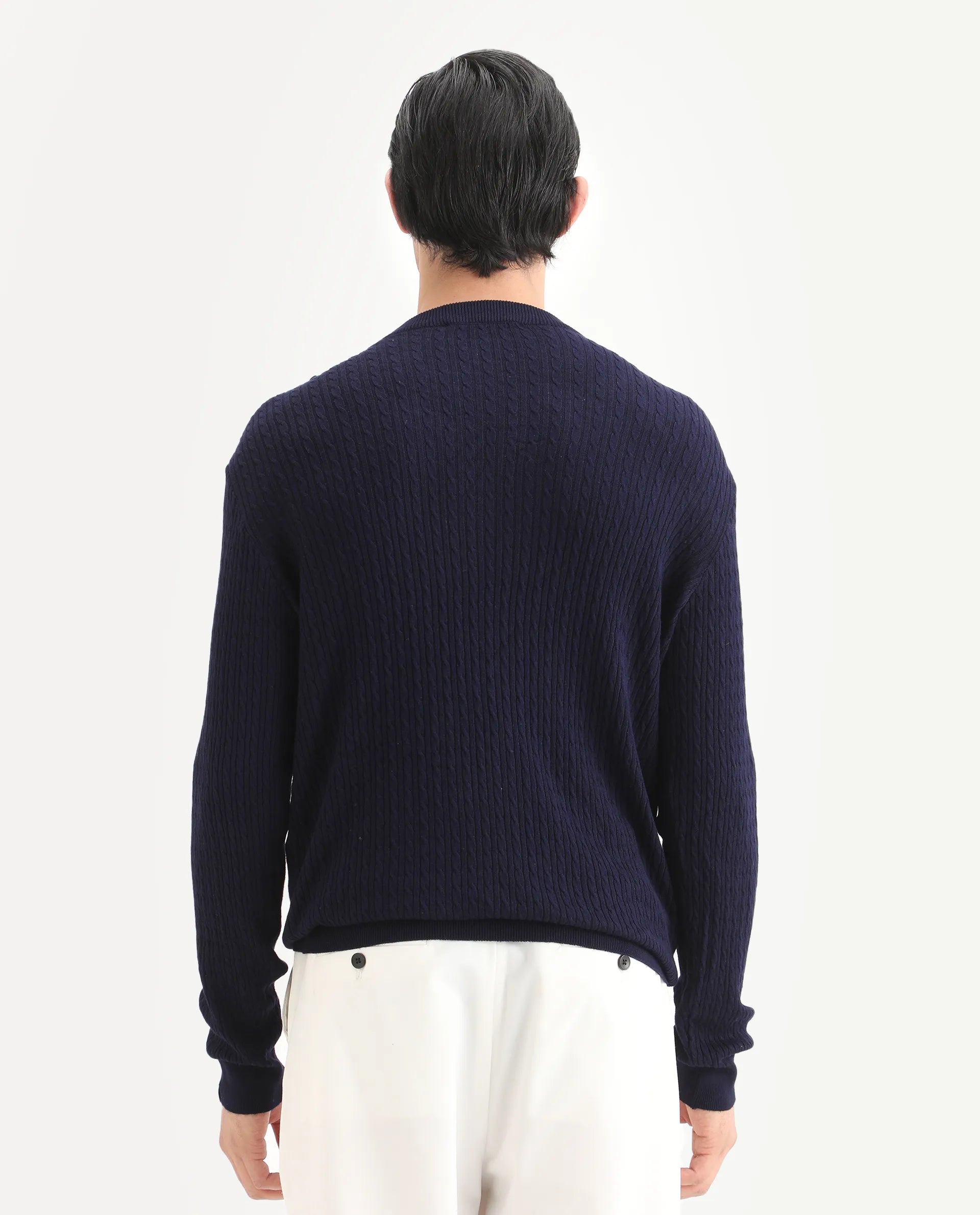 Rare Rabbit Men's Diem Navy Viscose Plain Relaxed Fit Full Sleeve Crew Neck Sweater