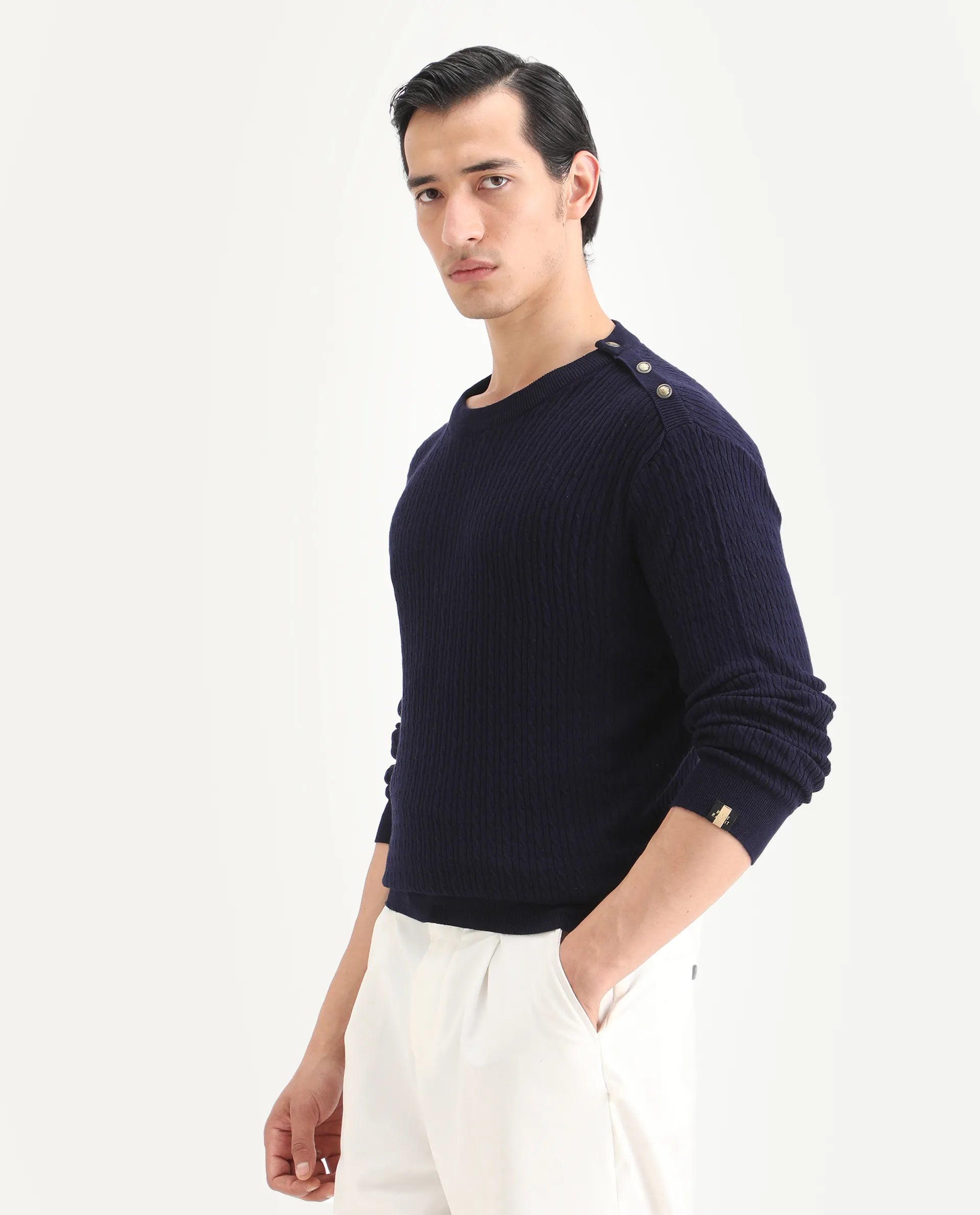Rare Rabbit Men's Diem Navy Viscose Plain Relaxed Fit Full Sleeve Crew Neck Sweater