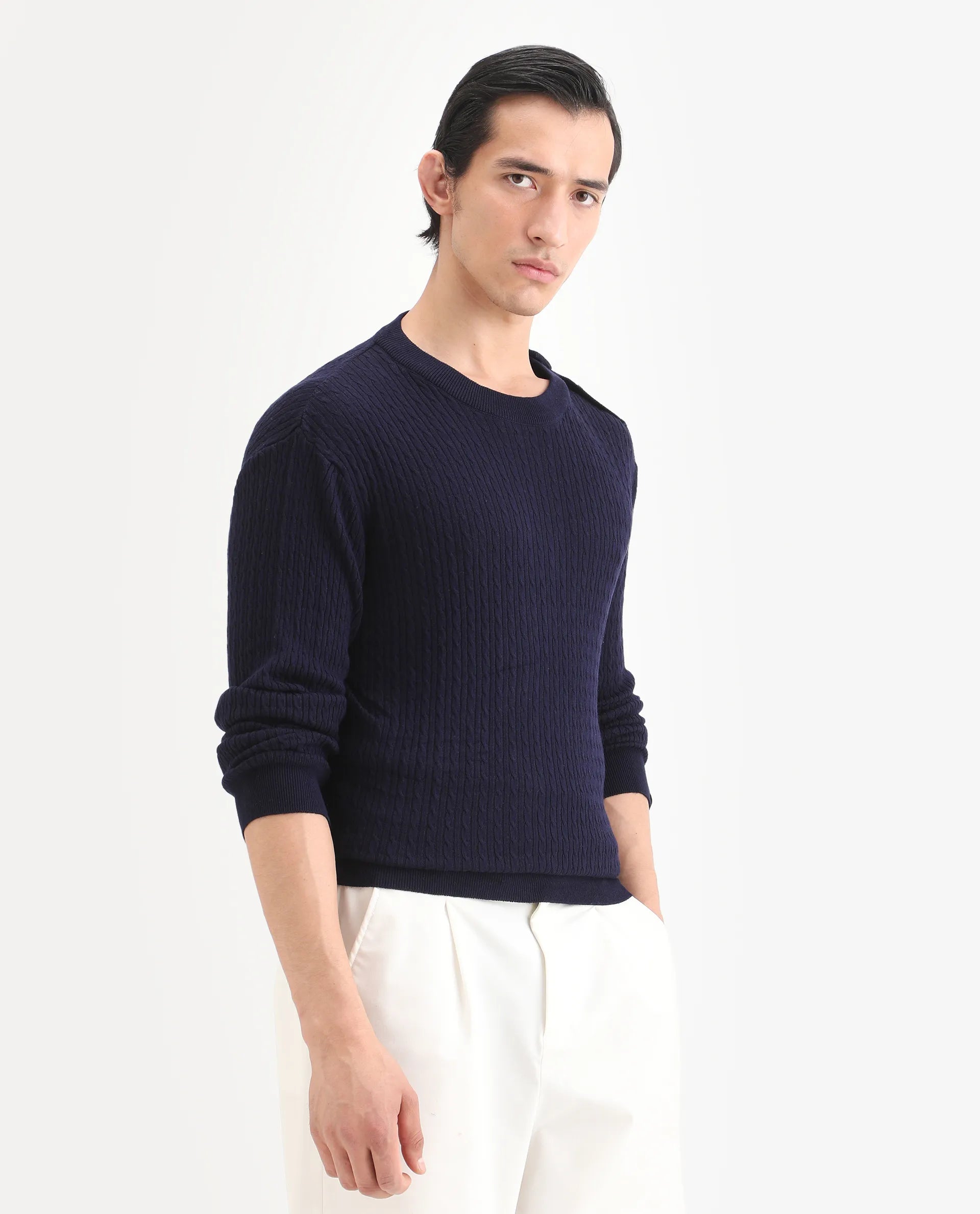 Rare Rabbit Men's Diem Navy Viscose Plain Relaxed Fit Full Sleeve Crew Neck Sweater