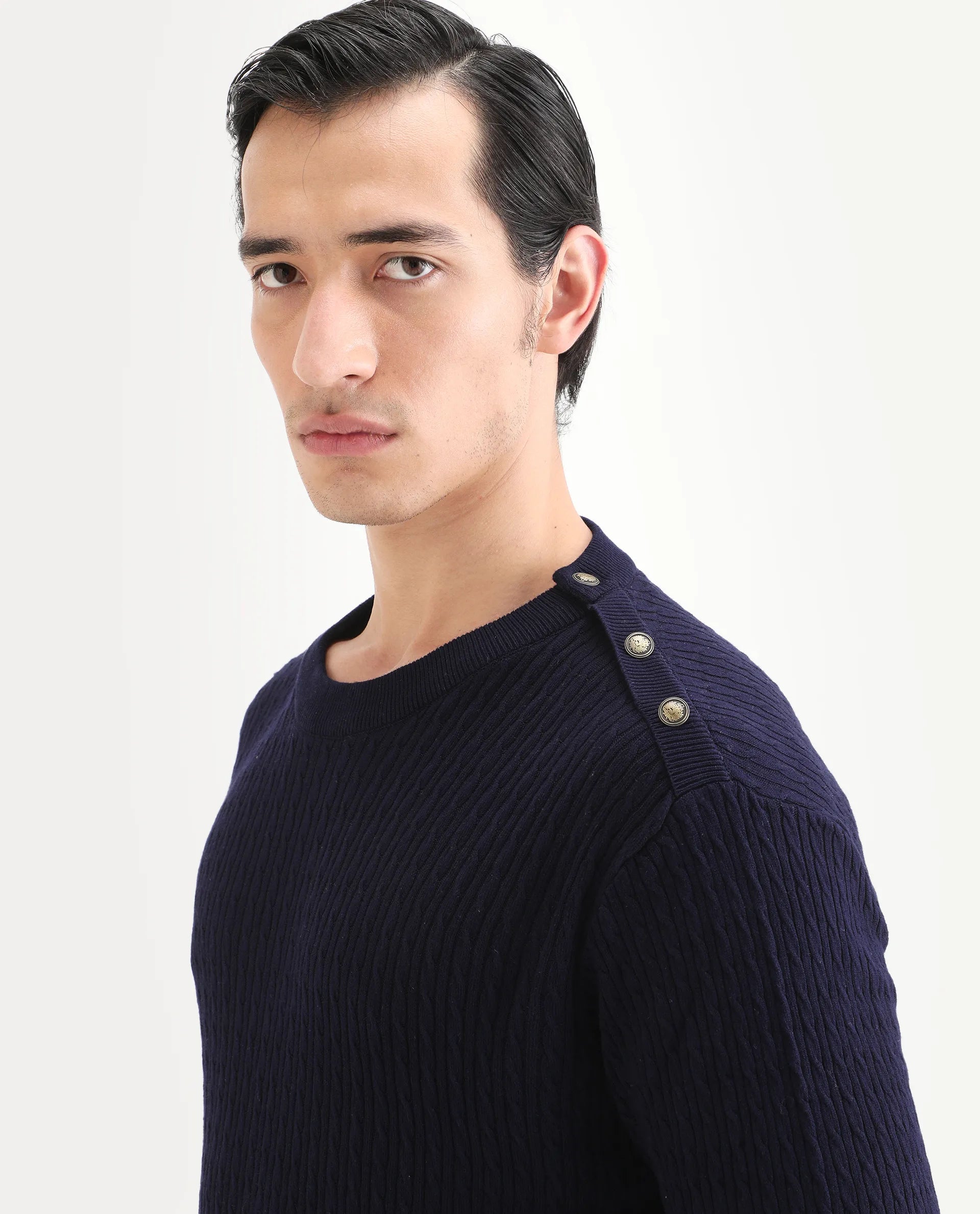 Rare Rabbit Men's Diem Navy Viscose Plain Relaxed Fit Full Sleeve Crew Neck Sweater