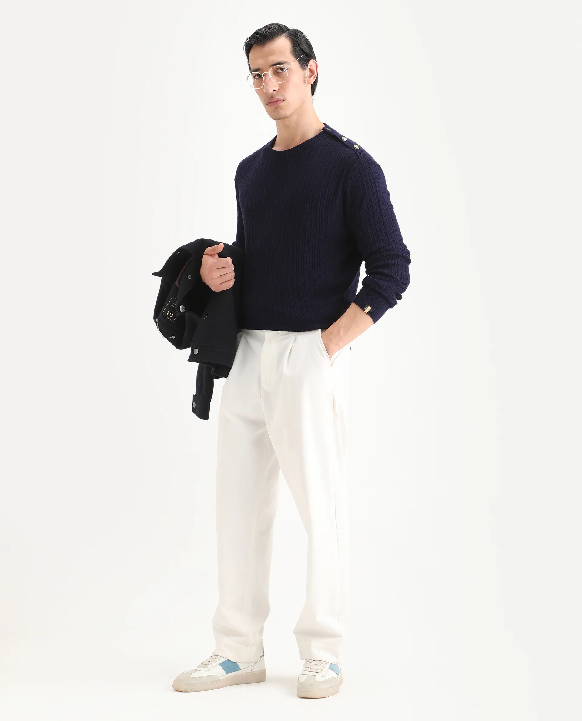 Rare Rabbit Men's Diem Navy Viscose Plain Relaxed Fit Full Sleeve Crew Neck Sweater