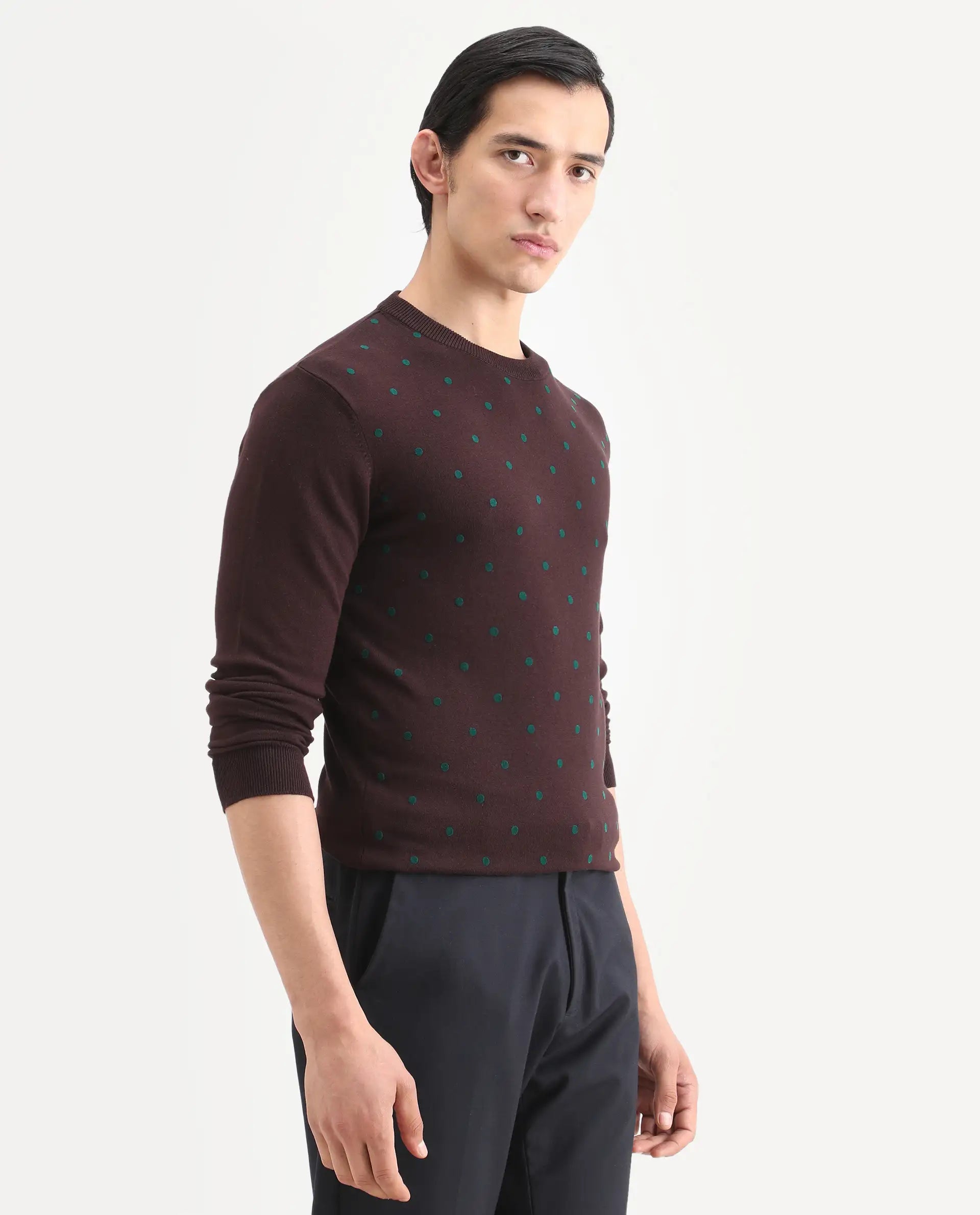 Rare Rabbit Men's Flock Maroon Viscose Polka Print Relaxed Fit Full Sleeve Crew Neck Sweater