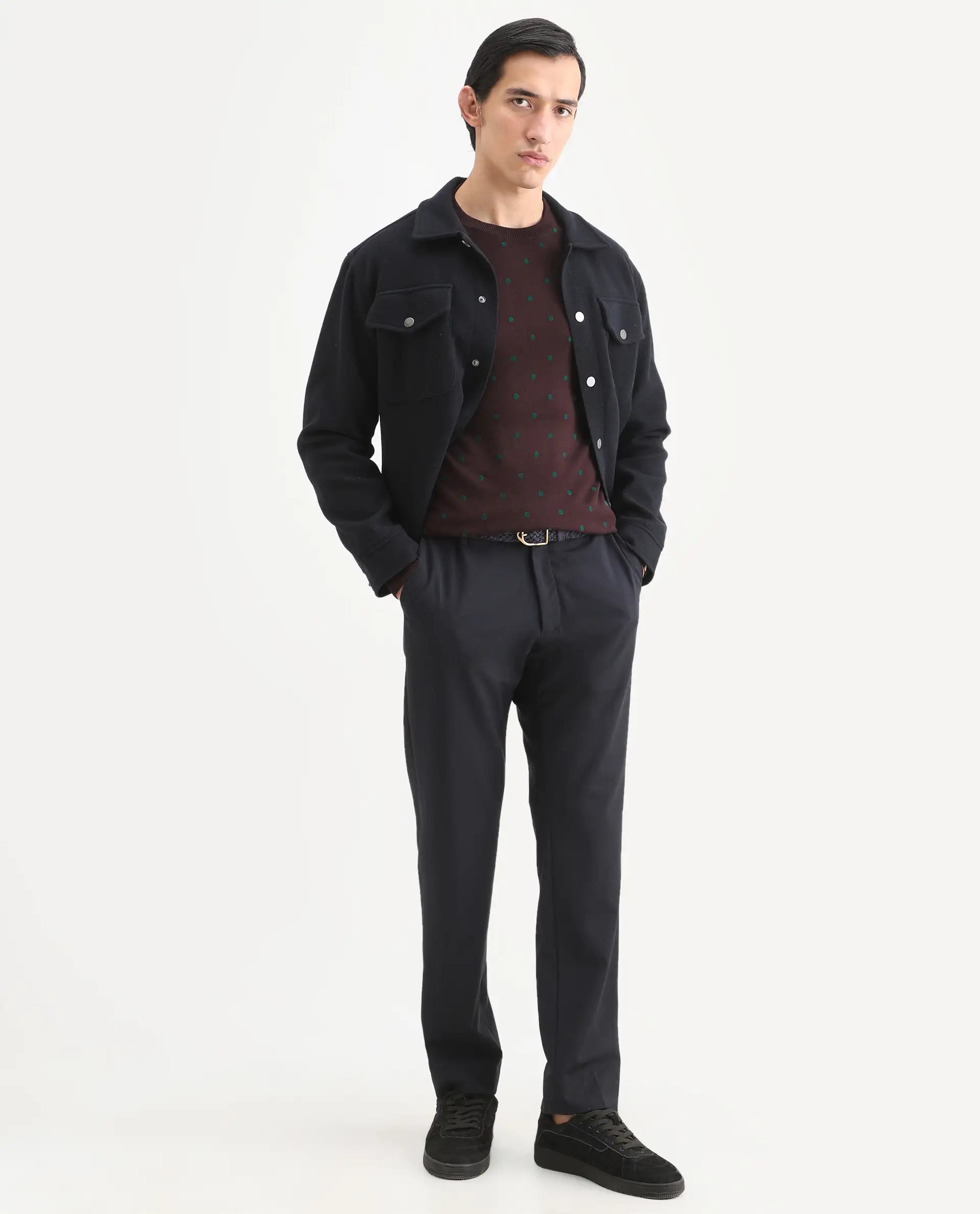 Rare Rabbit Men's Flock Maroon Viscose Polka Print Relaxed Fit Full Sleeve Crew Neck Sweater