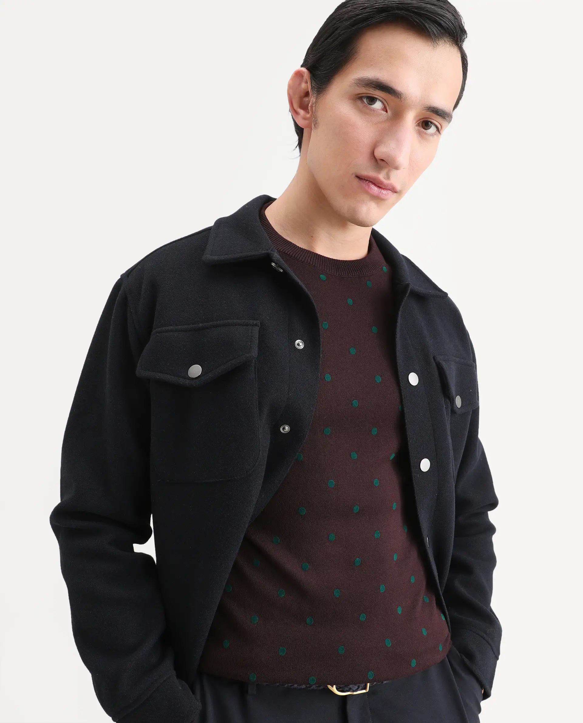 Rare Rabbit Men's Flock Maroon Viscose Polka Print Relaxed Fit Full Sleeve Crew Neck Sweater