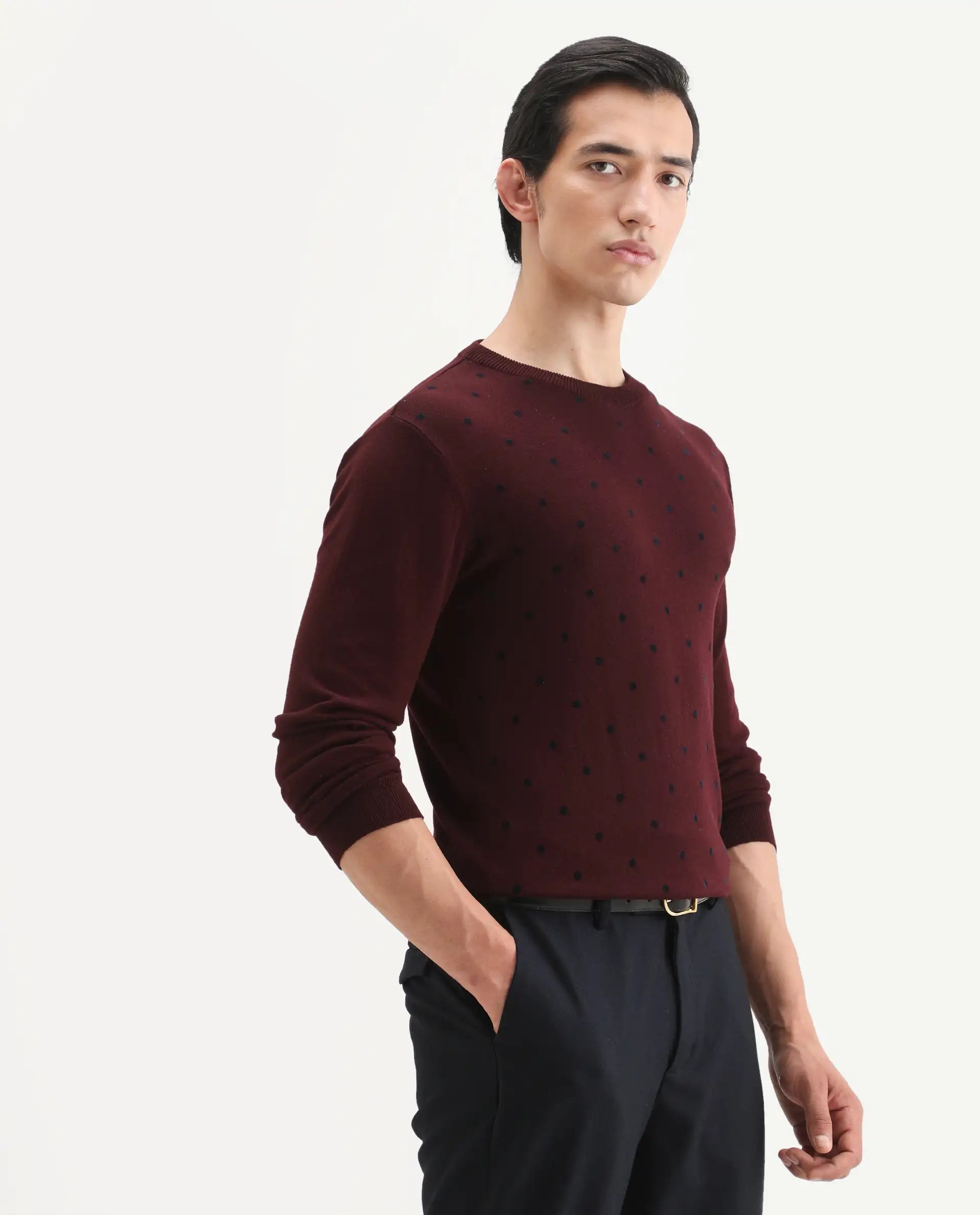 Rare Rabbit Men's Flock Dark Maroon Viscose Polka Print Relaxed Fit Full Sleeve Crew Neck Sweater