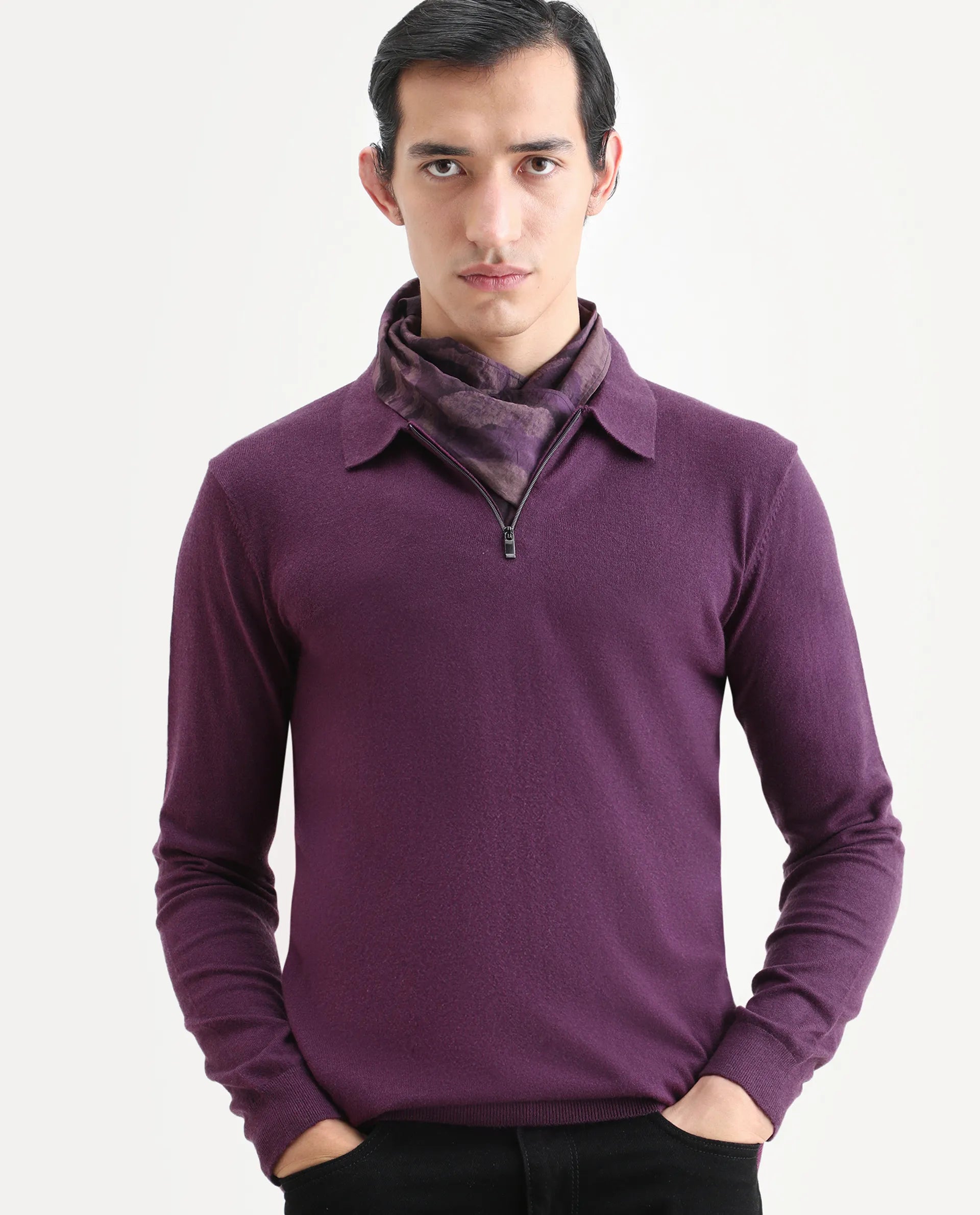 Rare Rabbit Men's Griffin Purple Viscose Plain Regular Fit Full Sleeve Spread Collar Sweater