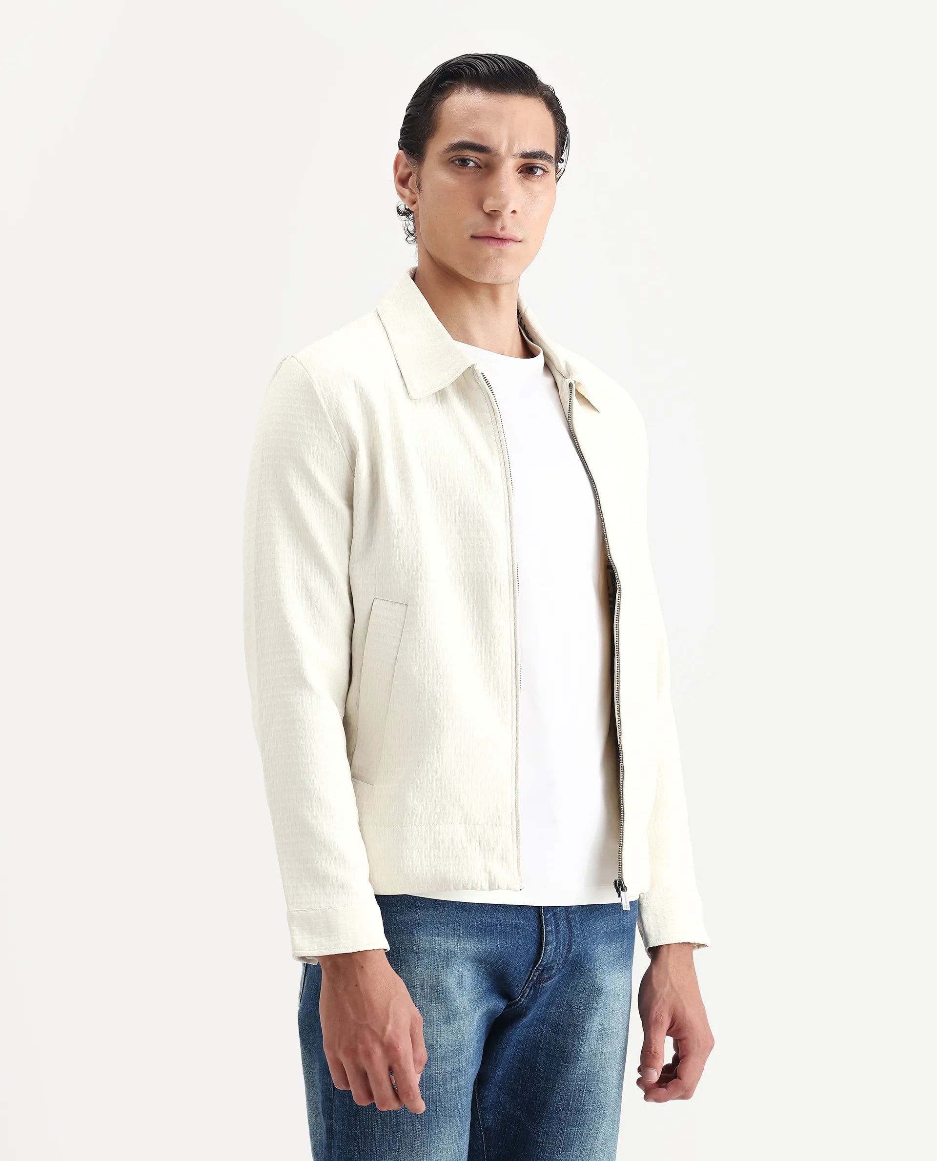 Rare Rabbit Men's Harbin Off White Polyester Jacquard Regular Fit Full Sleeve Spread Collar Jacket