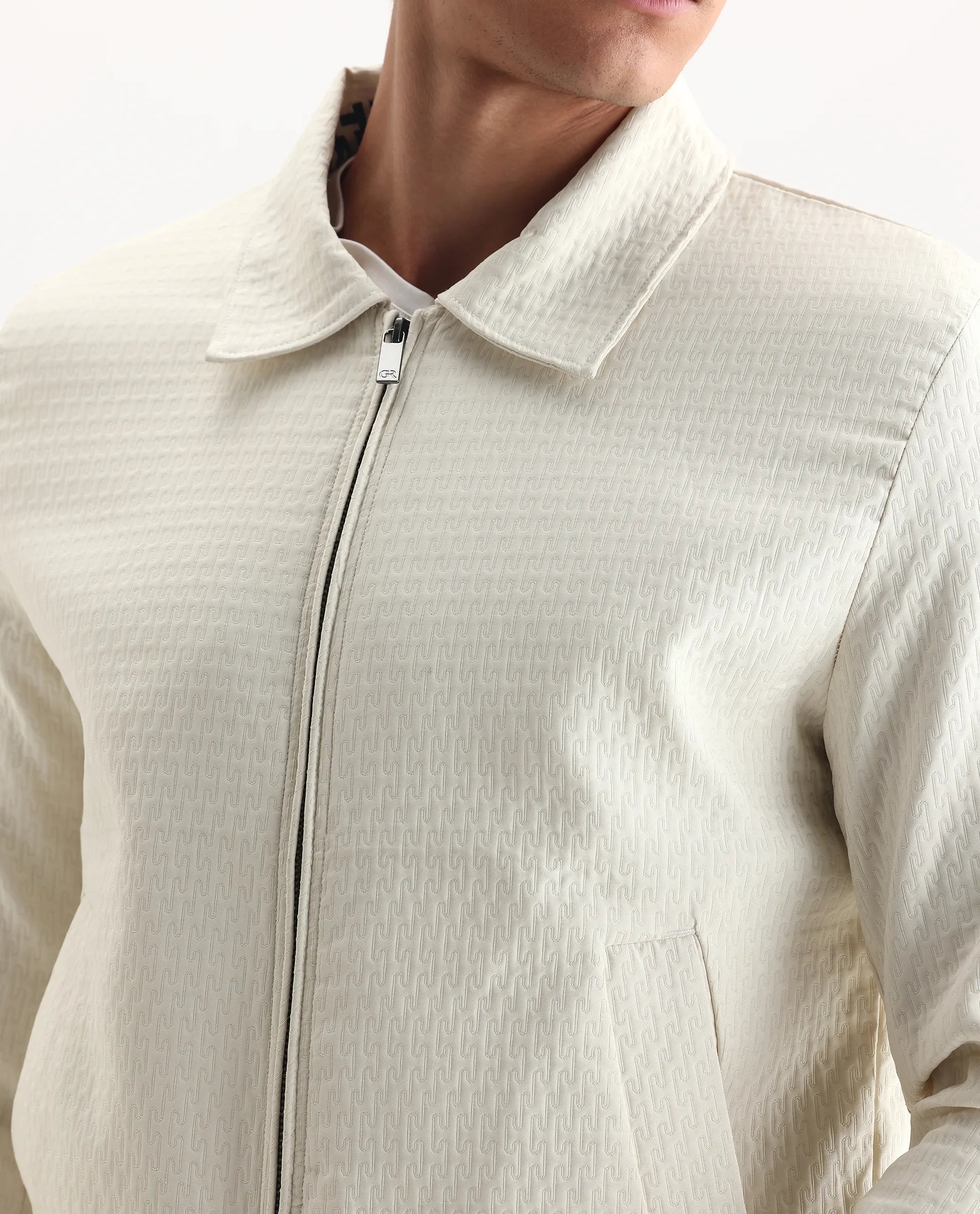 Rare Rabbit Men's Harbin Off White Polyester Jacquard Regular Fit Full Sleeve Spread Collar Jacket
