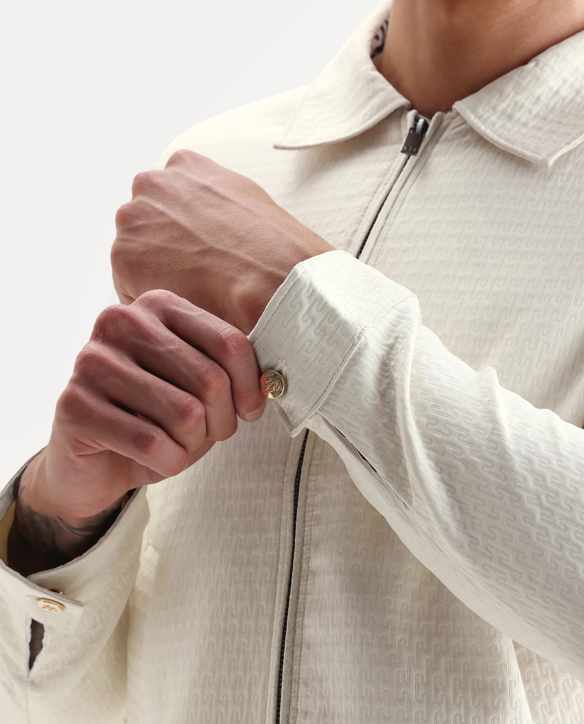 Rare Rabbit Men's Harbin Off White Polyester Jacquard Regular Fit Full Sleeve Spread Collar Jacket