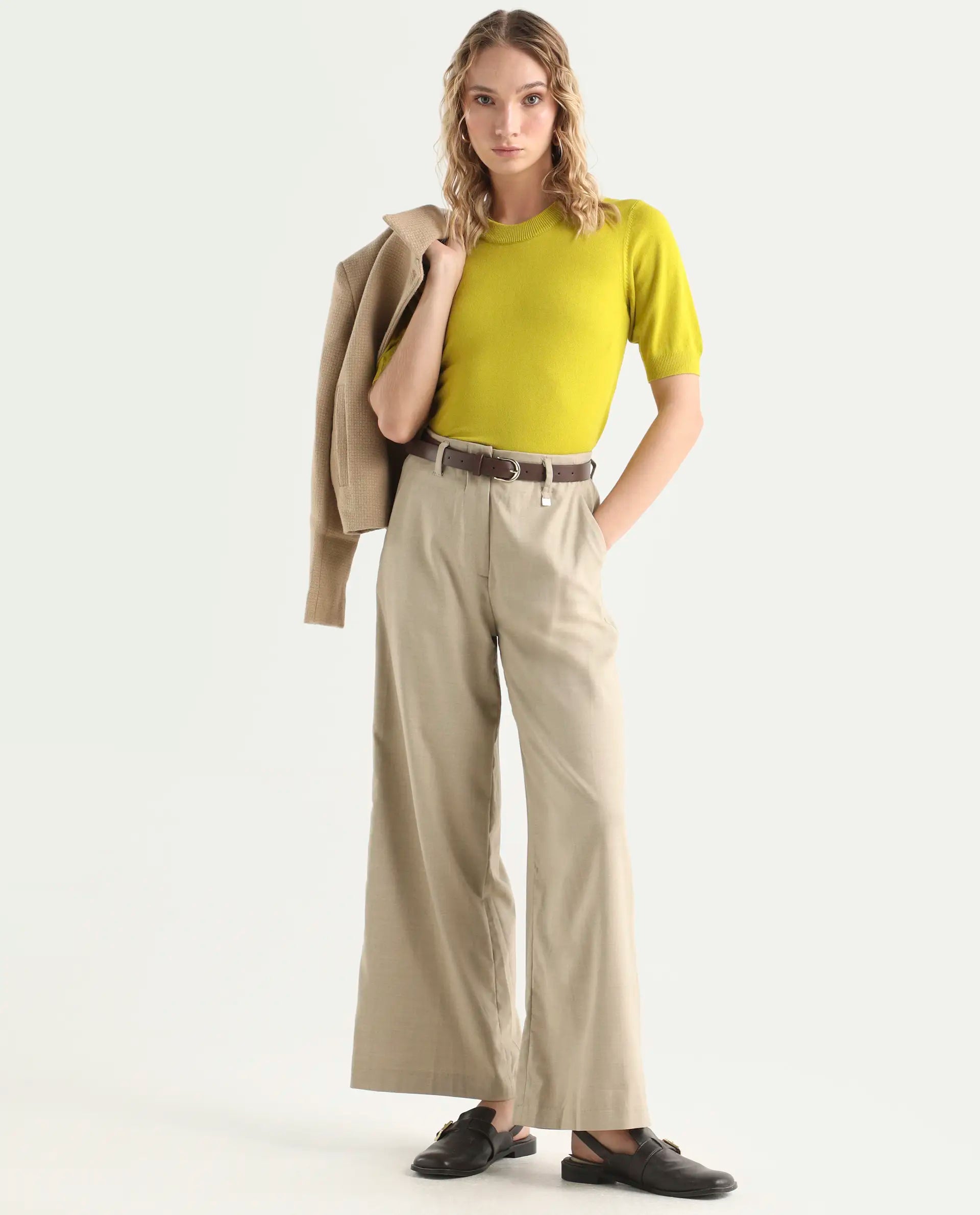 Rareism Women's Rohrdo Light Yellow Viscose Crew Neck Plain Regular Fit Sweater
