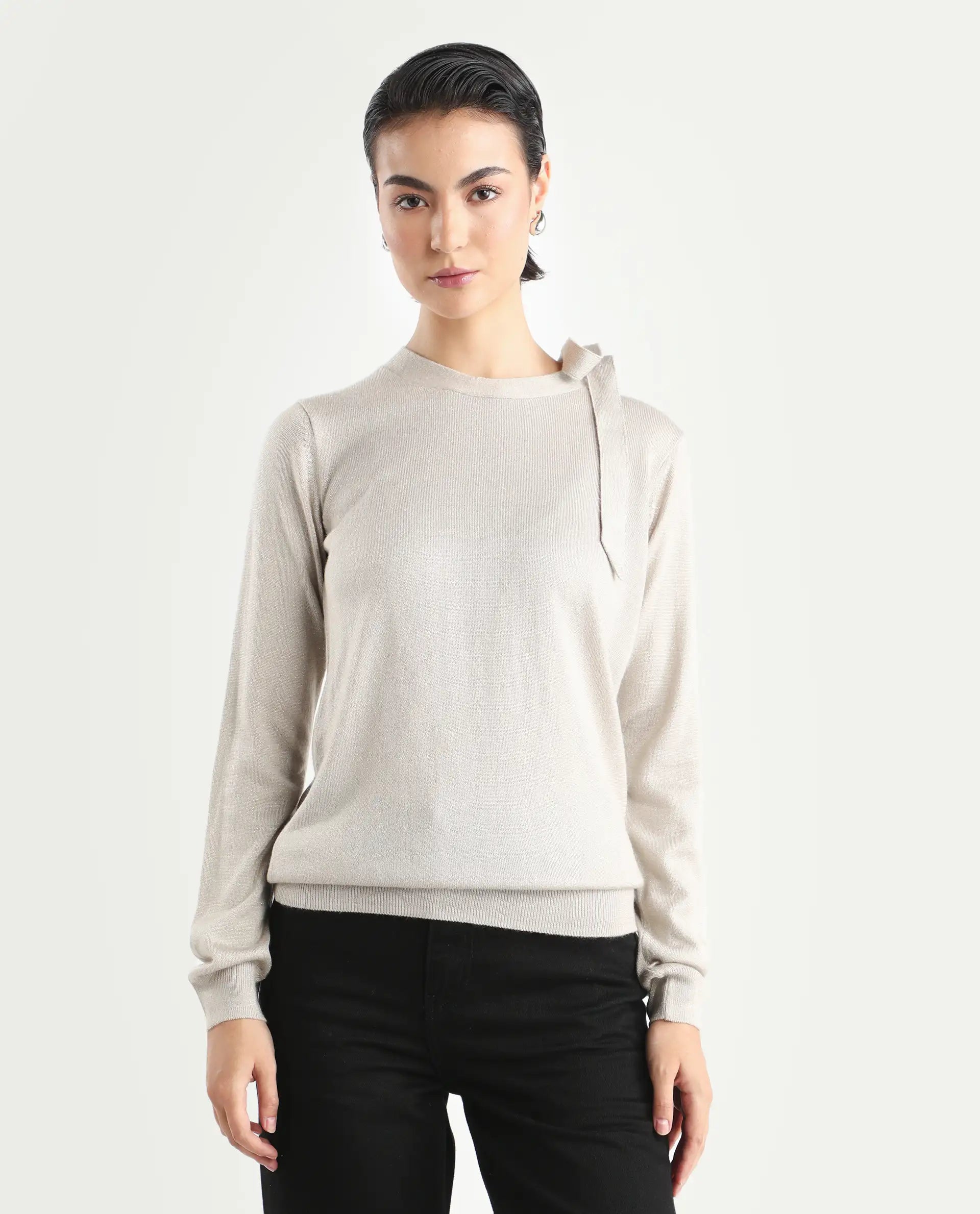 Rareism Women's Zener Off White Acrylic High Neck Plain Regular Fit Sweater