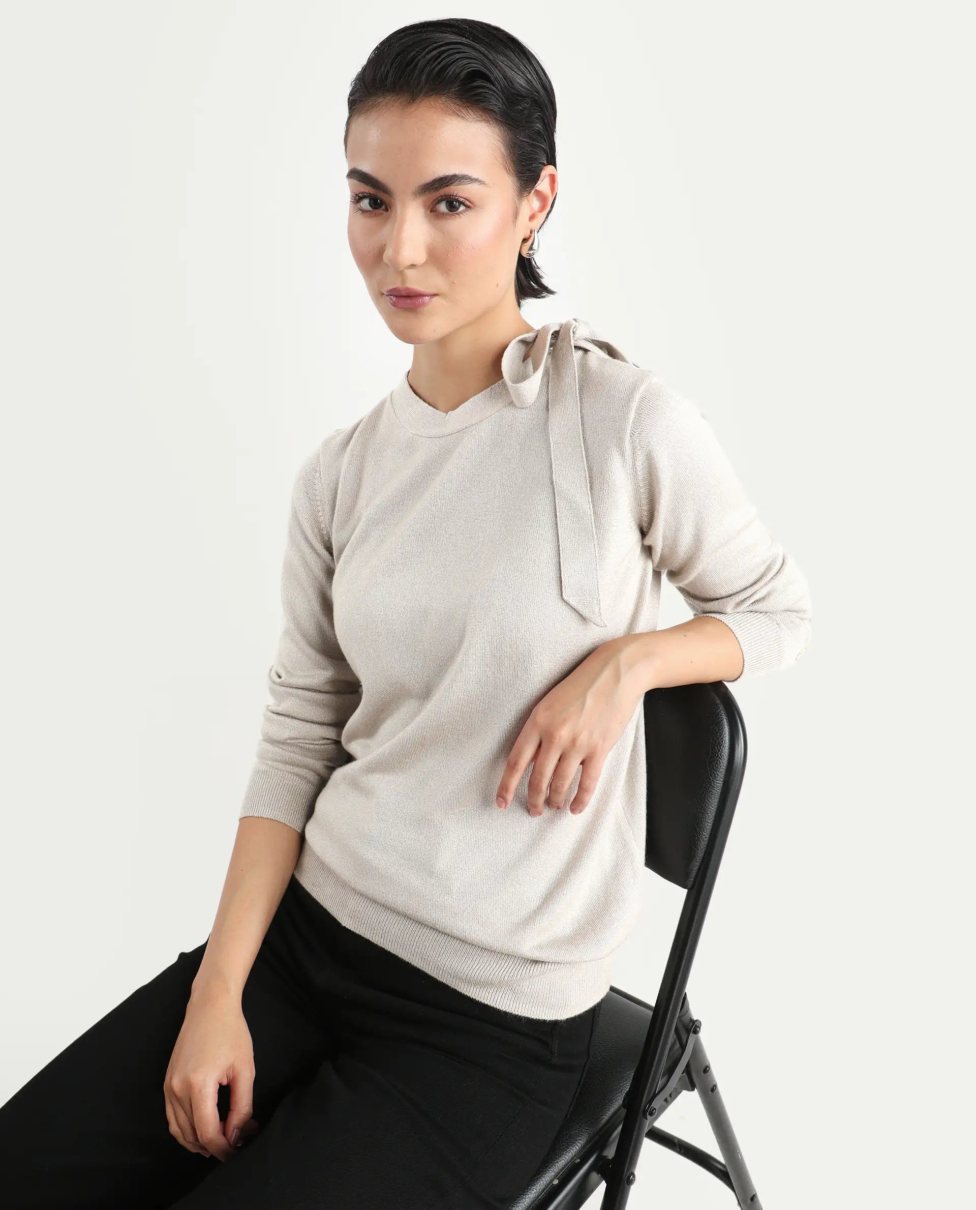 Rareism Women's Zener Off White Acrylic High Neck Plain Regular Fit Sweater