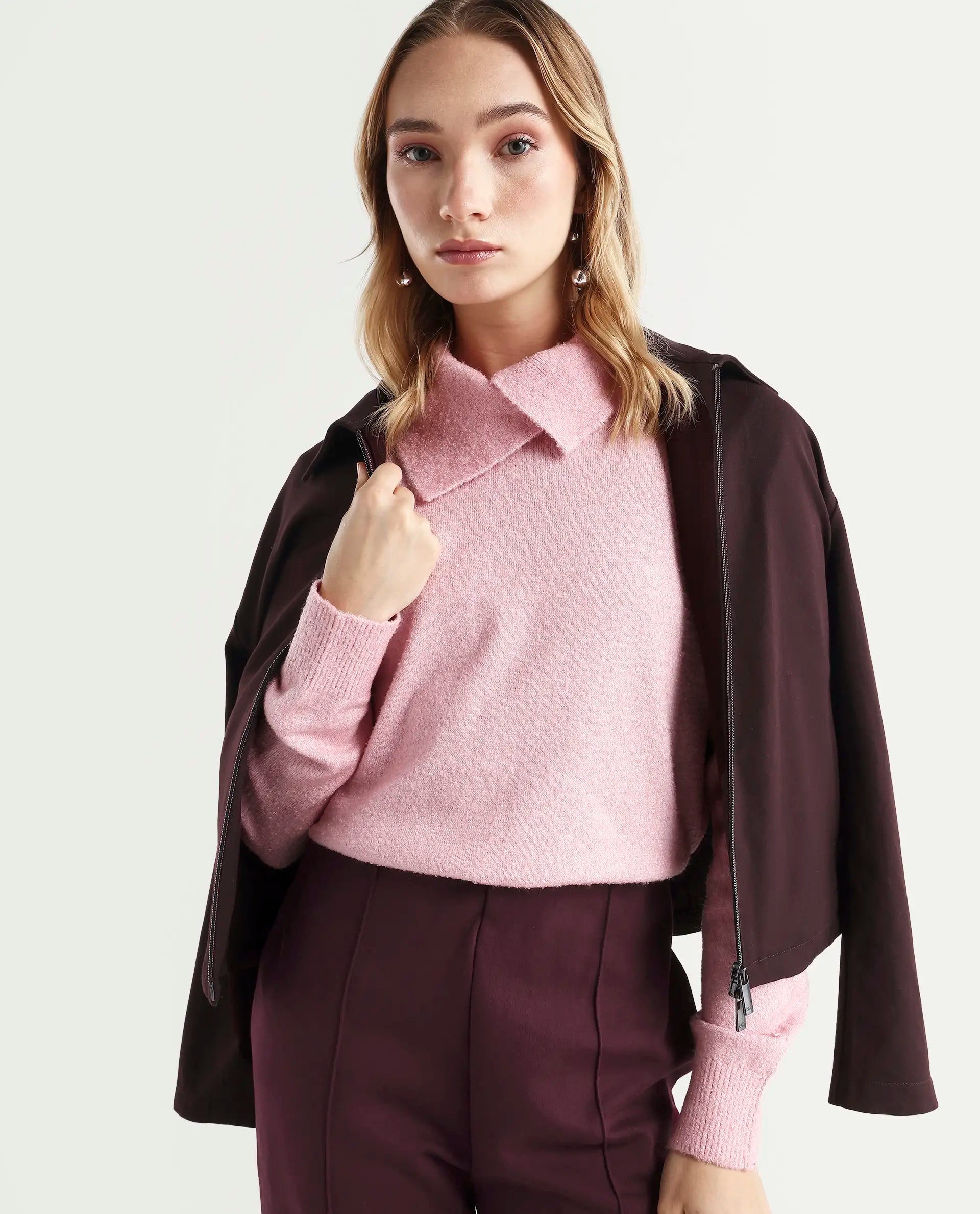 Rareism Women's Reni Pink Acrylic Overlap Neck Plain Regular Fit Sweater