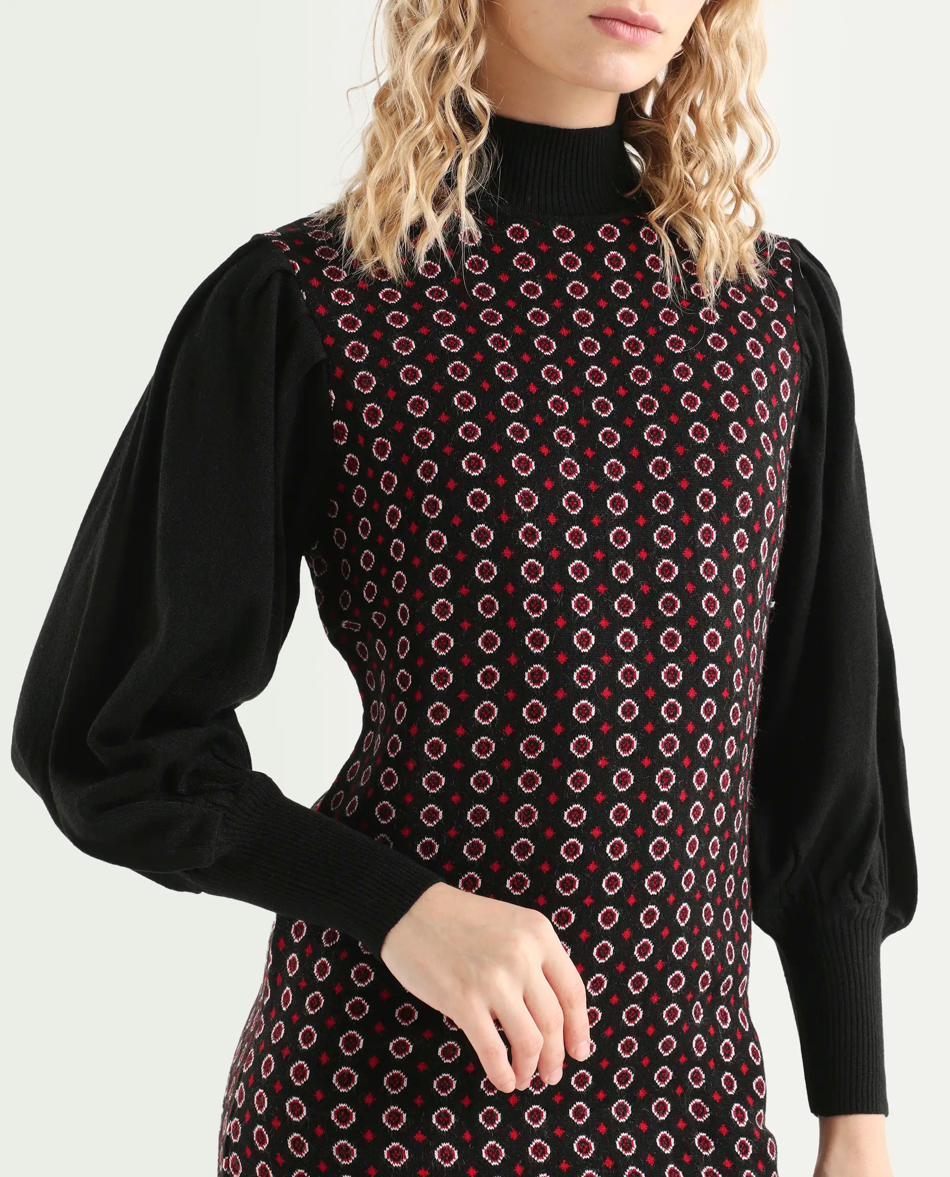 Rareism Women's Web 2 Black Acrylic High Neck Geometric Print Bishop Sleeve Knee Length Regular Fit Sweater