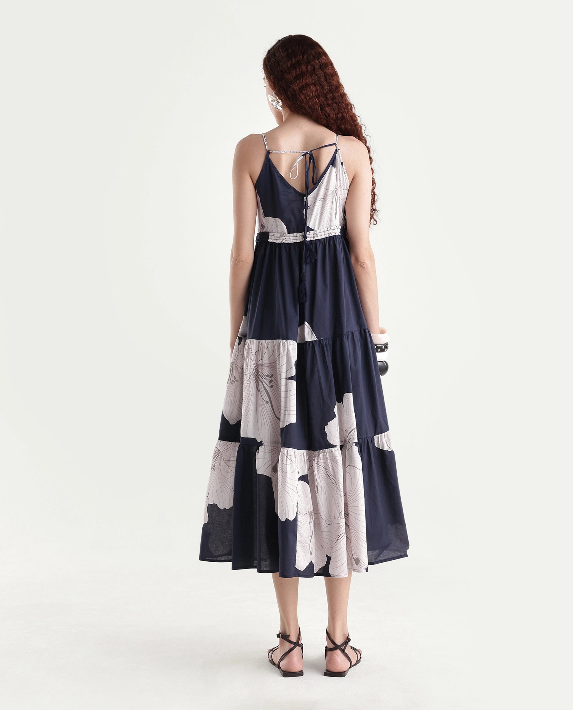 Rareism Women's Acker Navy Cotton V-Neck Floral Print Shoulder Strap Midi Relaxed Fit Dress