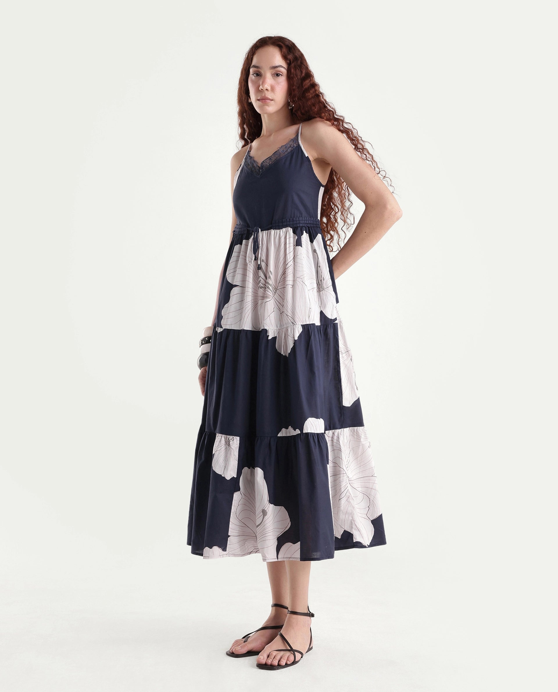 Rareism Women's Acker Navy Cotton V-Neck Floral Print Shoulder Strap Midi Relaxed Fit Dress