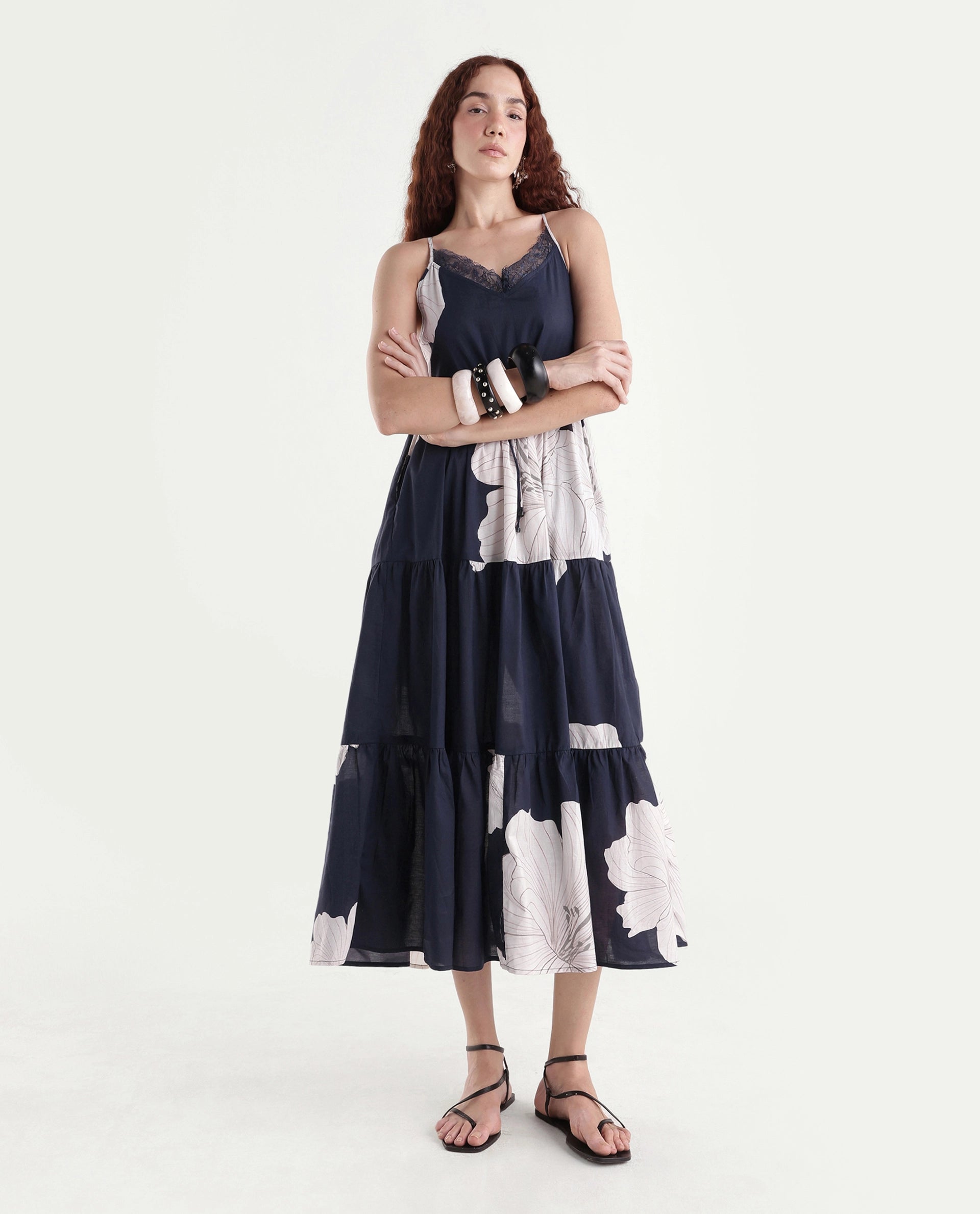 Rareism Women's Acker Navy Cotton V-Neck Floral Print Shoulder Strap Midi Relaxed Fit Dress
