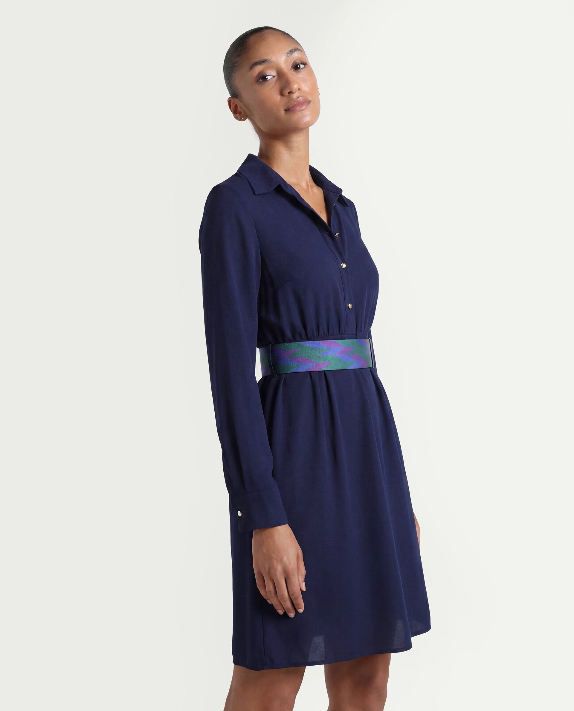 Rareism Women's Chsam Navy Polyester Blend Spread Collar Plain Maxi Regular Fit Dress