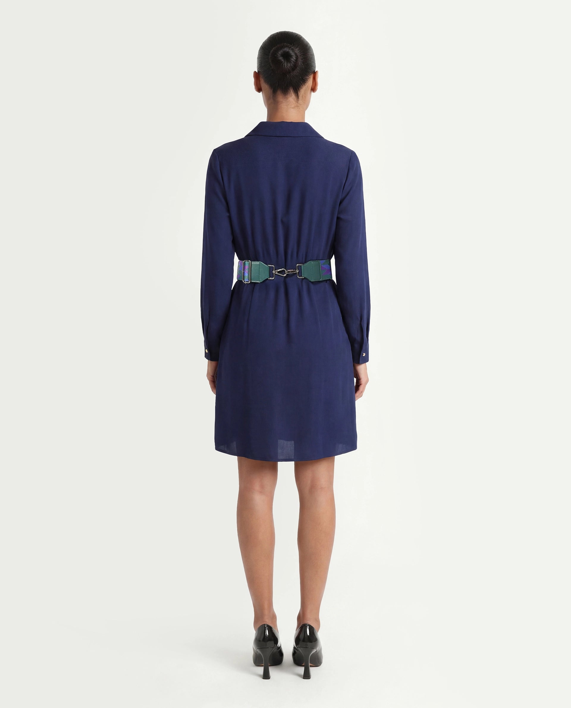 Rareism Women's Chsam Navy Polyester Blend Spread Collar Plain Maxi Regular Fit Dress