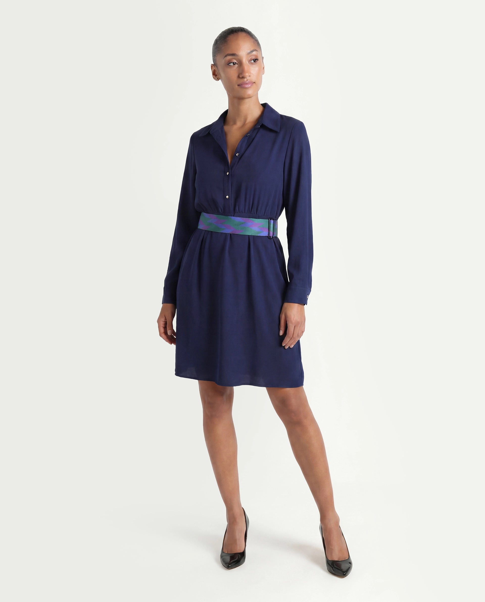 Rareism Women's Chsam Navy Polyester Blend Spread Collar Plain Maxi Regular Fit Dress