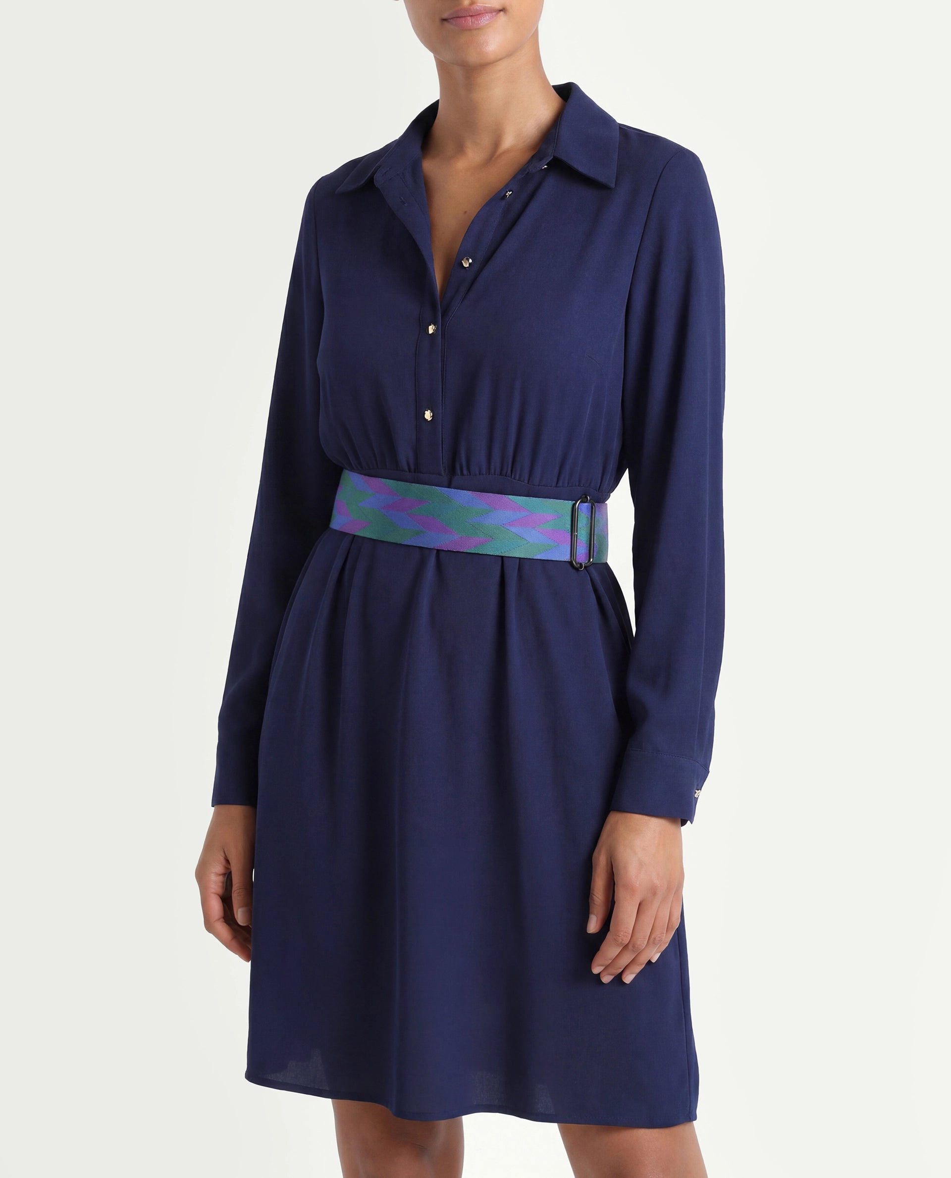 Rareism Women's Chsam Navy Polyester Blend Spread Collar Plain Maxi Regular Fit Dress