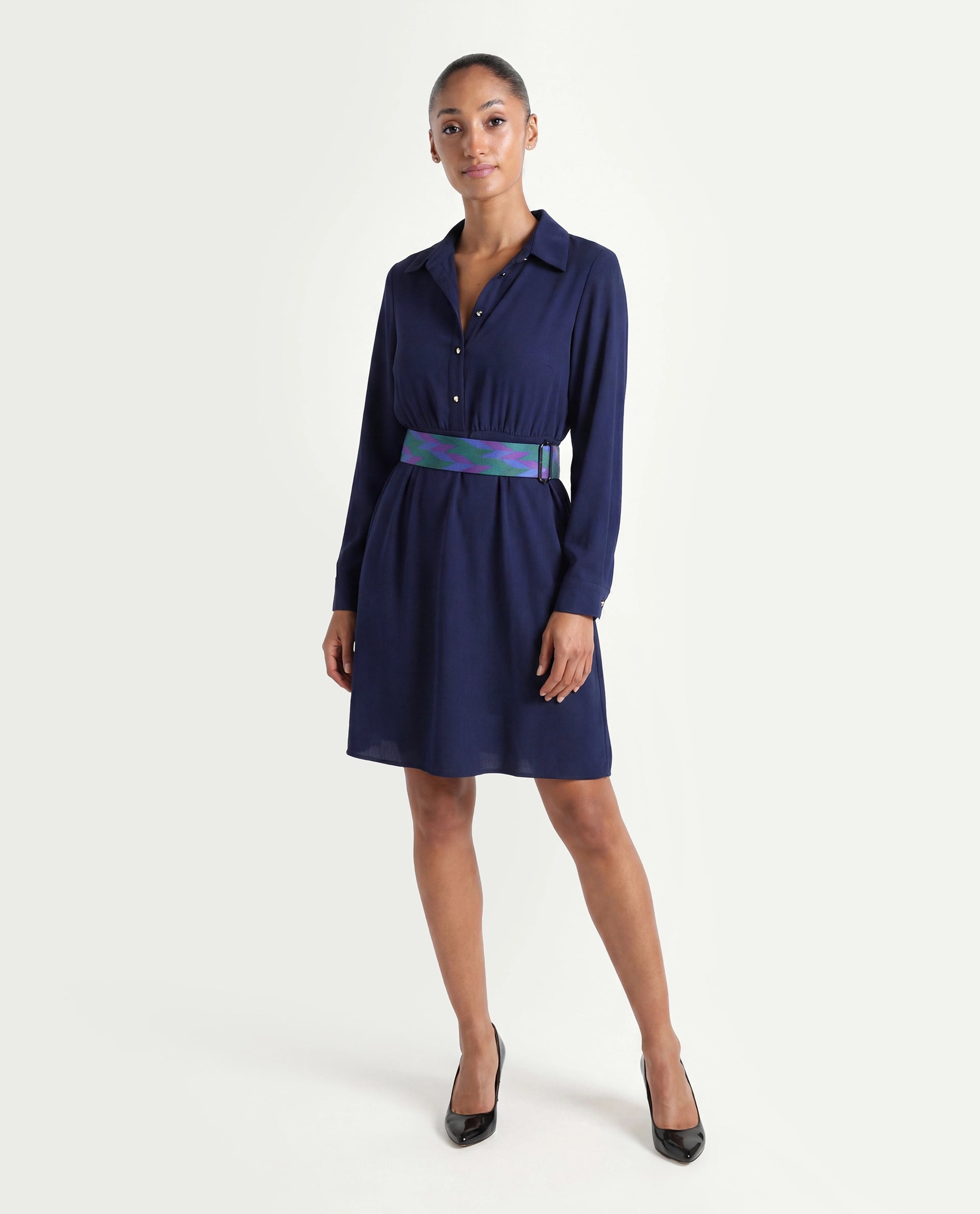 Rareism Women's Chsam Navy Polyester Blend Spread Collar Plain Maxi Regular Fit Dress