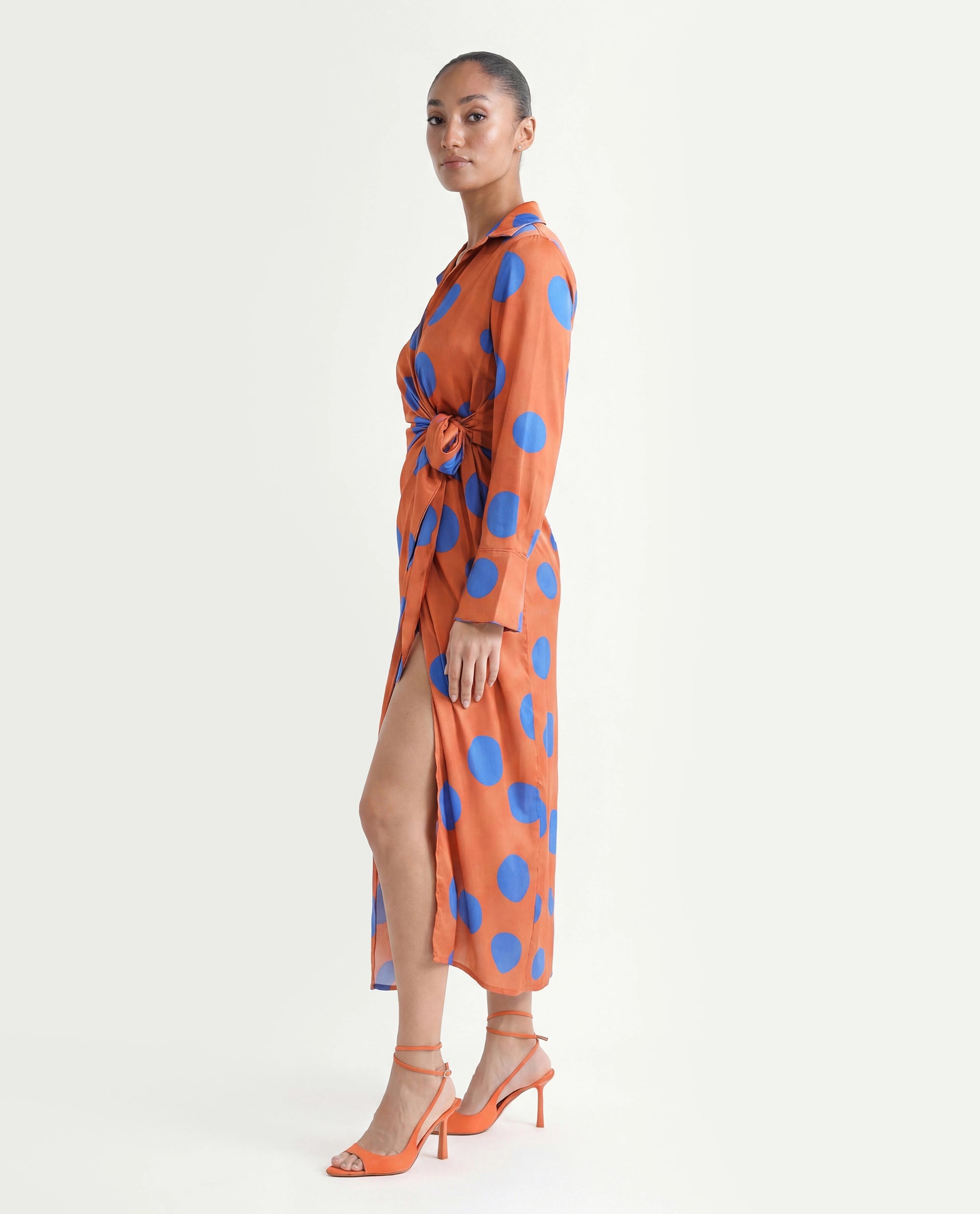 Rareism Women's Farben Dark Orange Polyester Spread Collar Polka Print Maxi Regular Fit Dress
