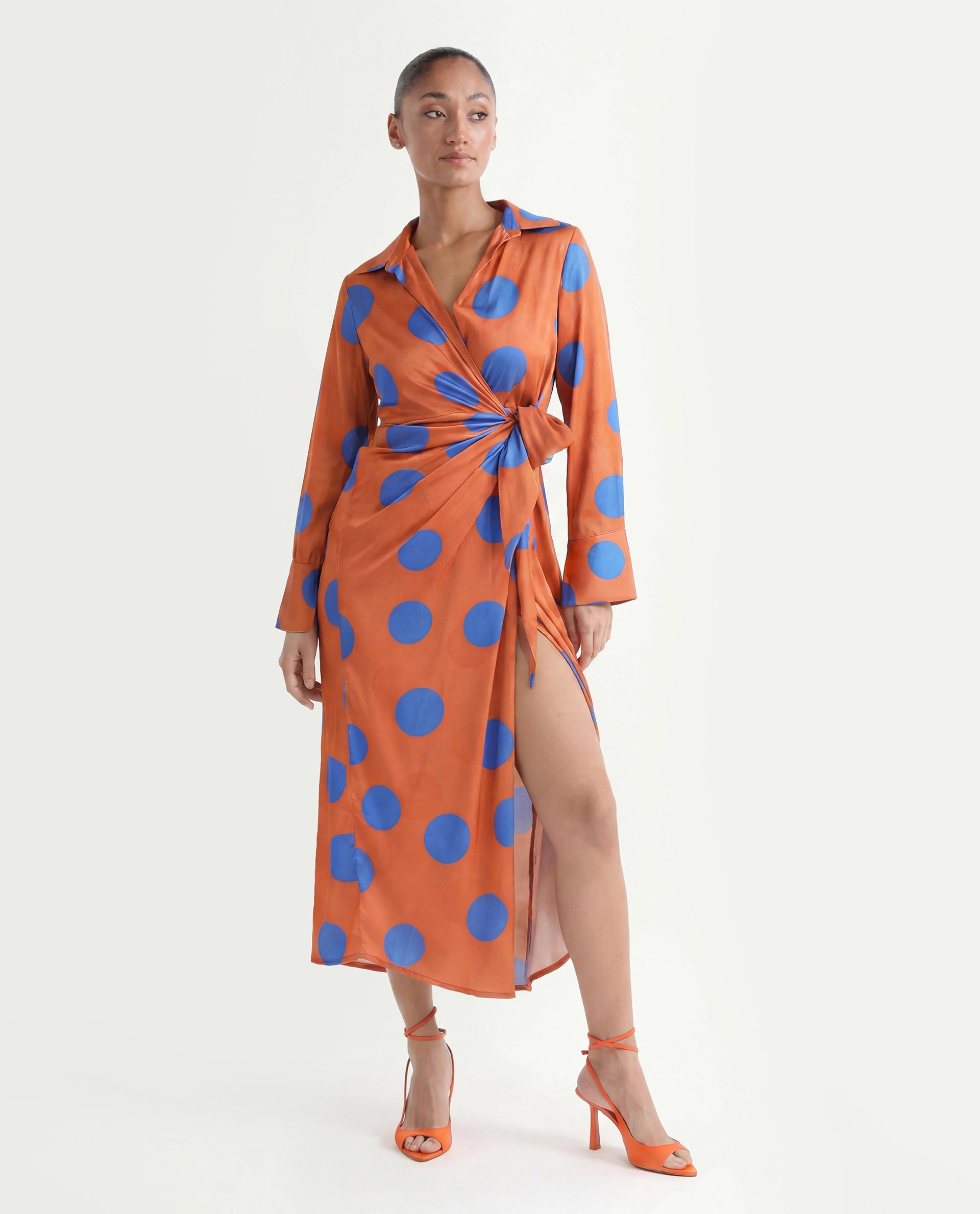Rareism Women's Farben Dark Orange Polyester Spread Collar Polka Print Maxi Regular Fit Dress