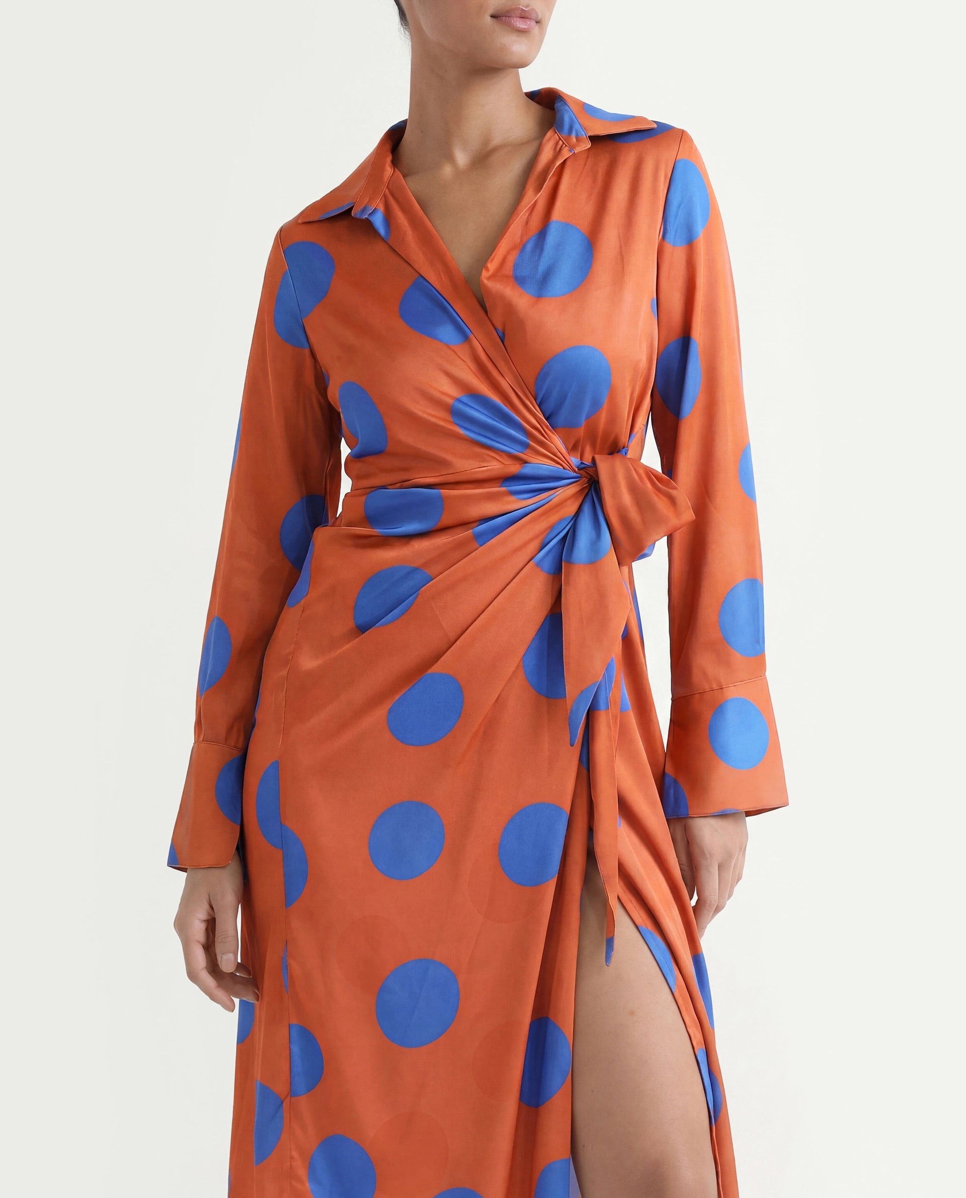 Rareism Women's Farben Dark Orange Polyester Spread Collar Polka Print Maxi Regular Fit Dress
