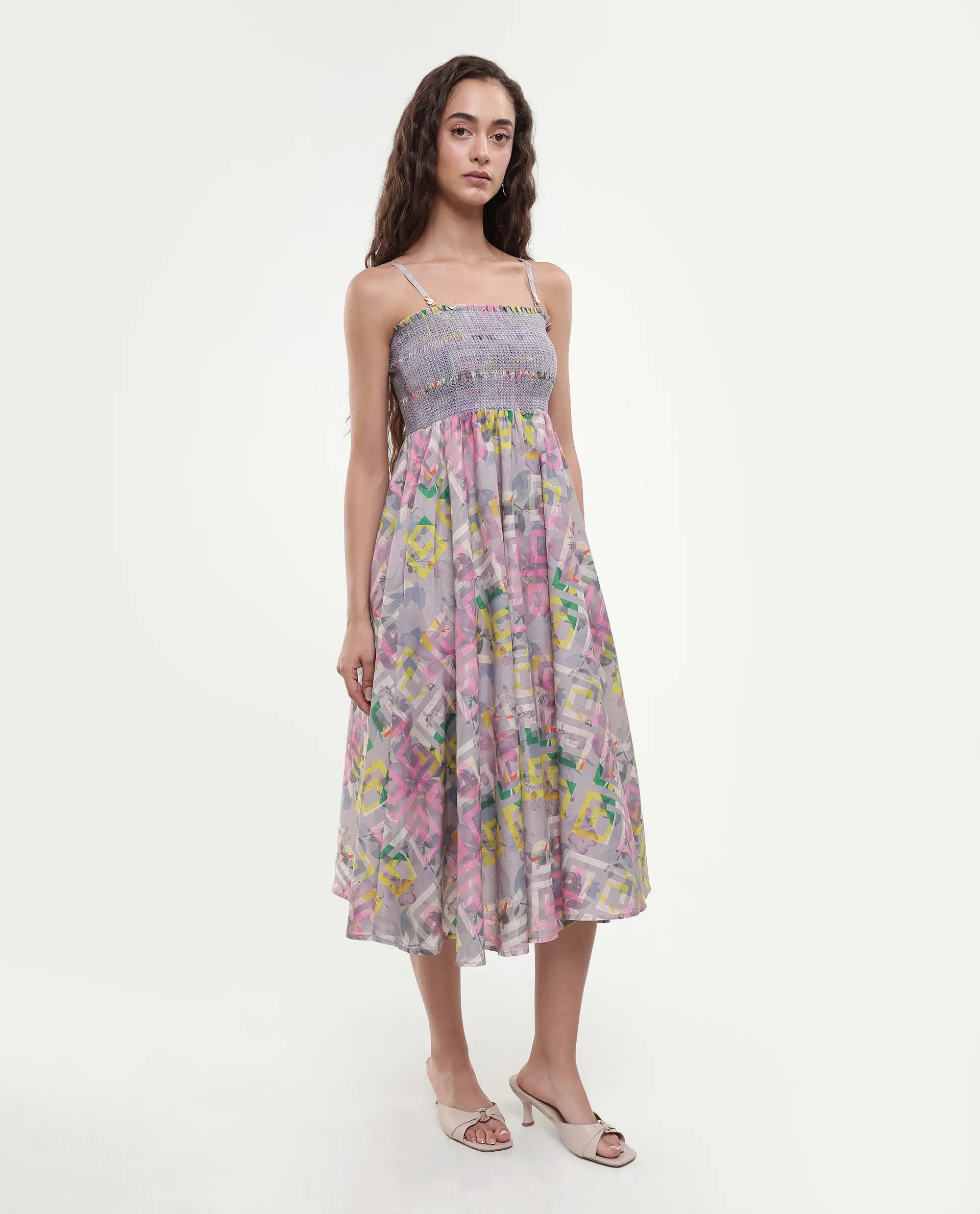 Rareism Women's Mazon Multi Cotton Tube Neck Floral Print Shoulder Strap Midi Fit And Flare Dress