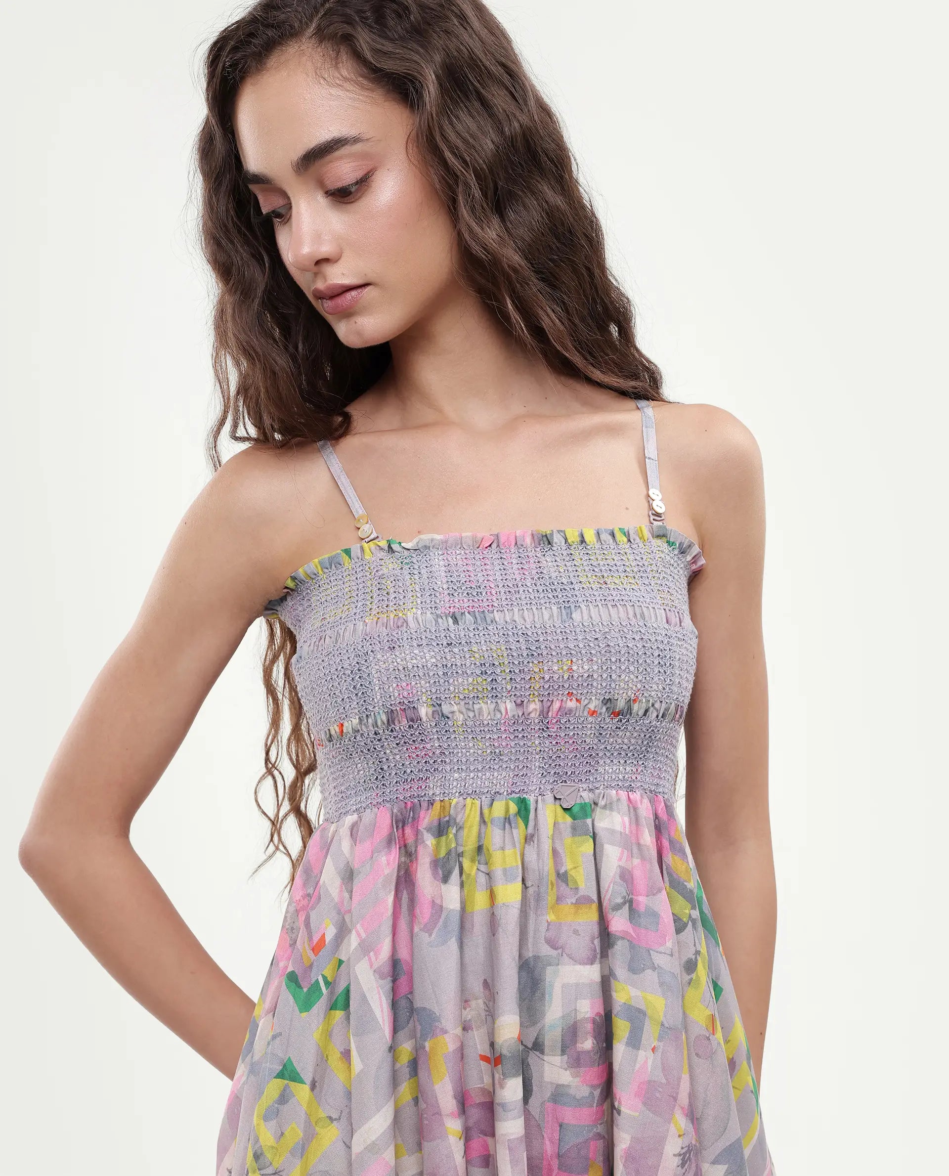 Rareism Women's Mazon Multi Cotton Tube Neck Floral Print Shoulder Strap Midi Fit And Flare Dress