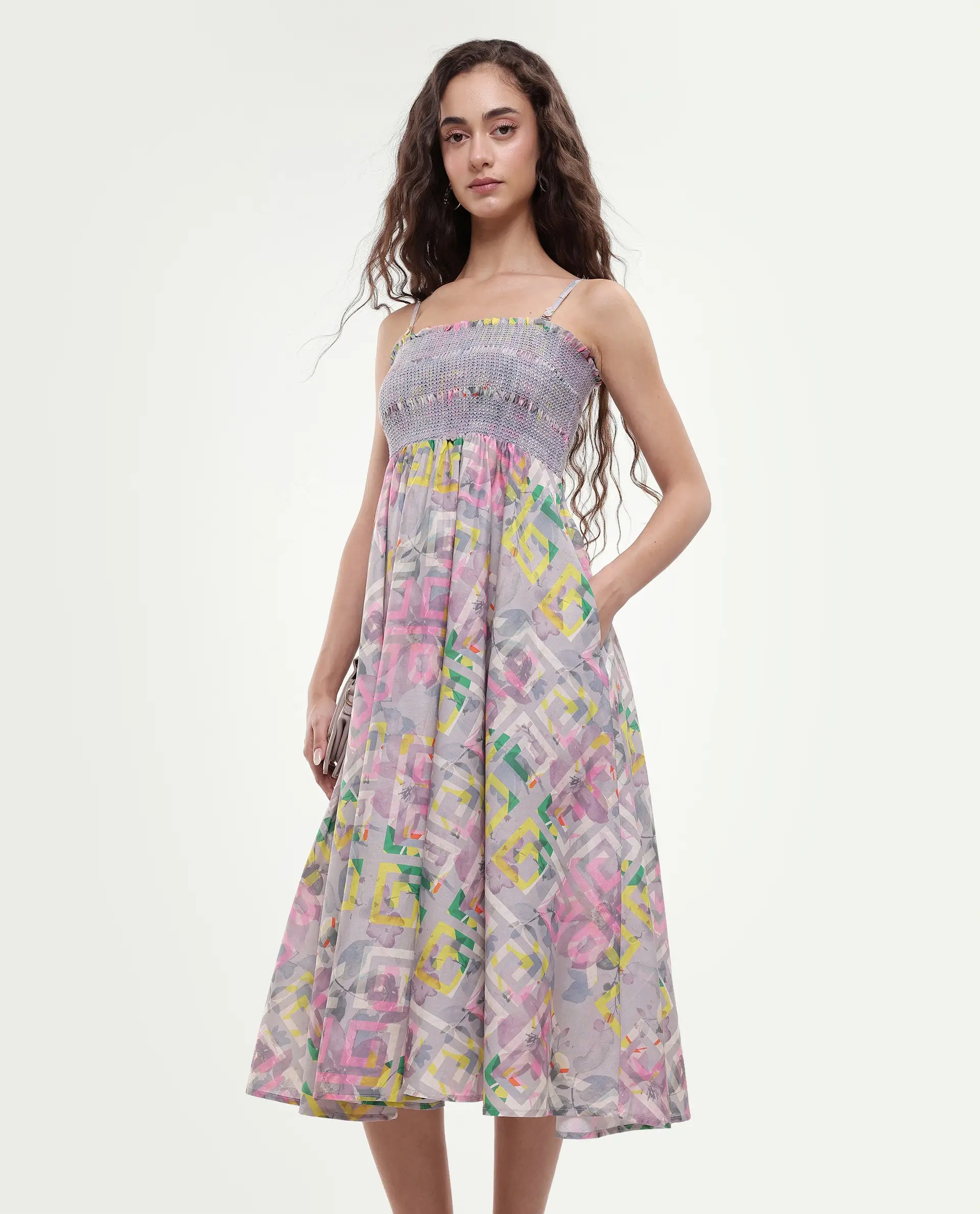Rareism Women's Mazon Multi Cotton Tube Neck Floral Print Shoulder Strap Midi Fit And Flare Dress