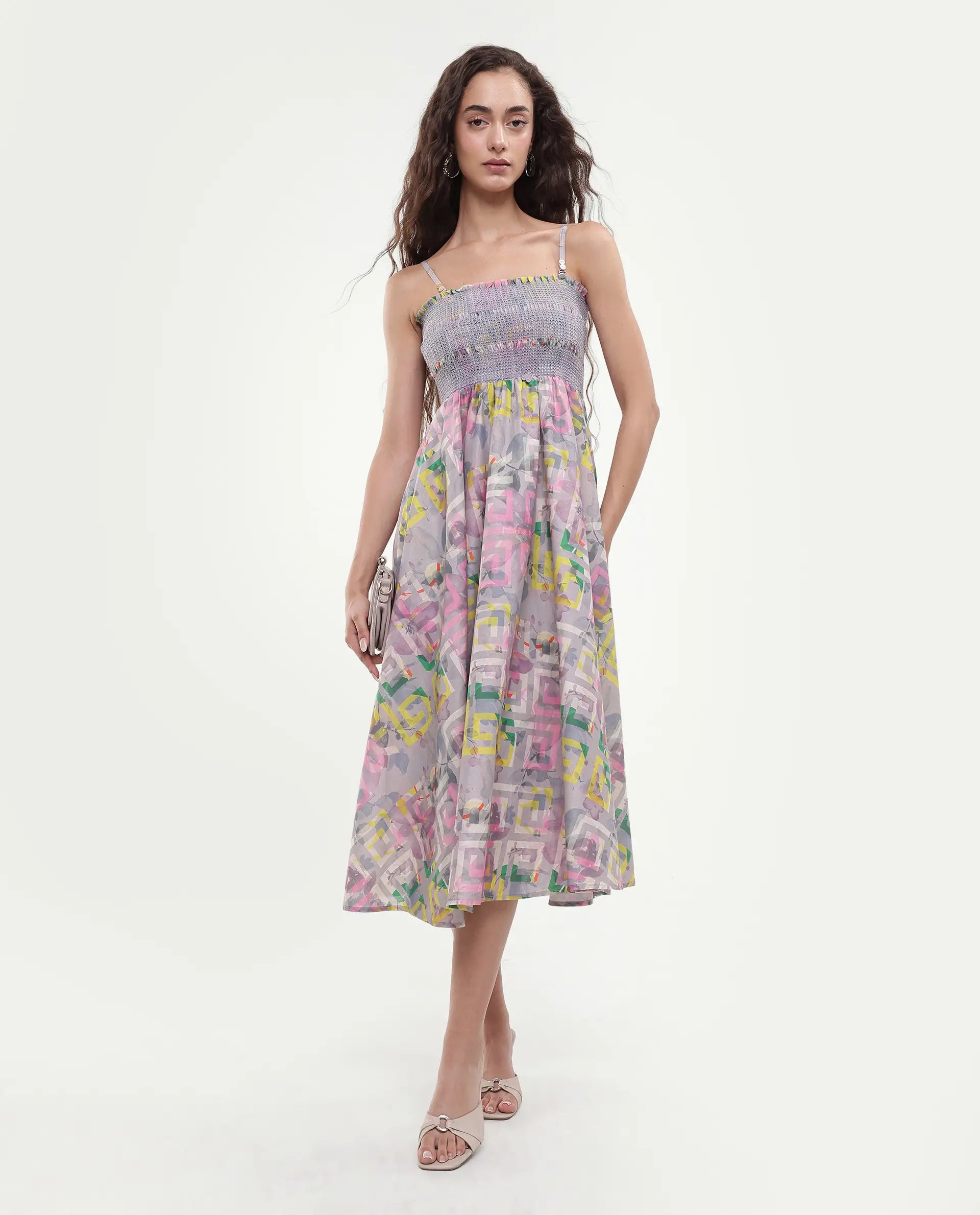 Rareism Women's Mazon Multi Cotton Tube Neck Floral Print Shoulder Strap Midi Fit And Flare Dress