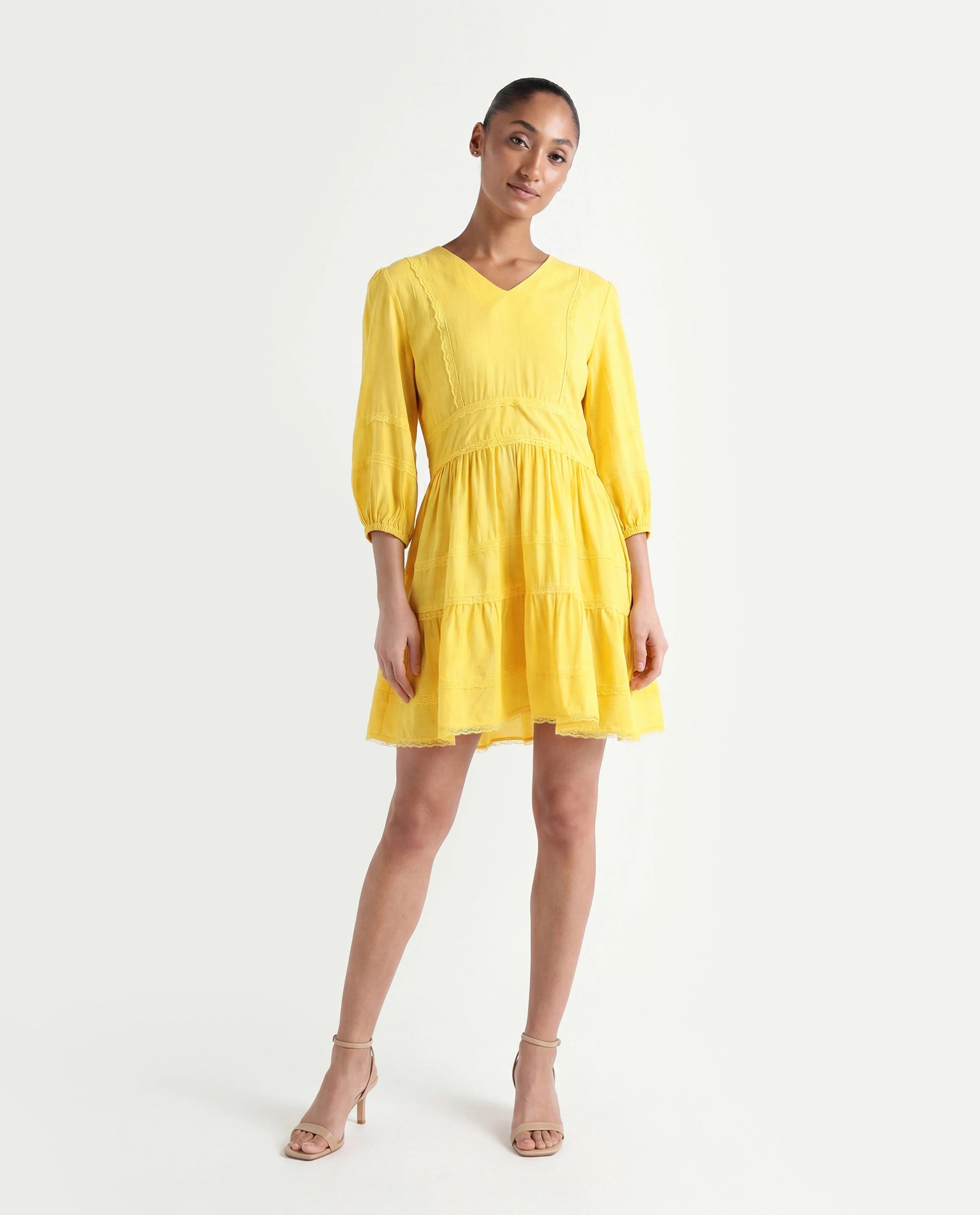 Rareism Women's Meruf Yellow Polyester Blend V-Neck Plain Balloon Sleeve Mini Regular Fit Dress