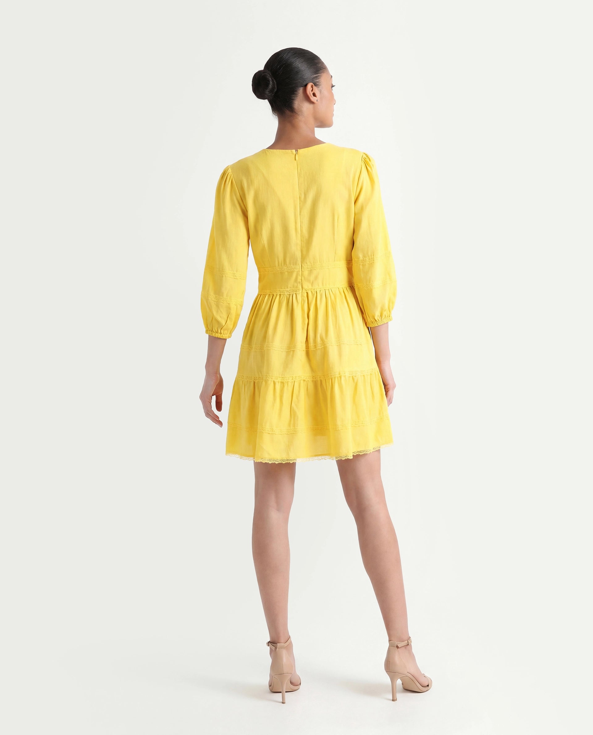 Rareism Women's Meruf Yellow Polyester Blend V-Neck Plain Balloon Sleeve Mini Regular Fit Dress