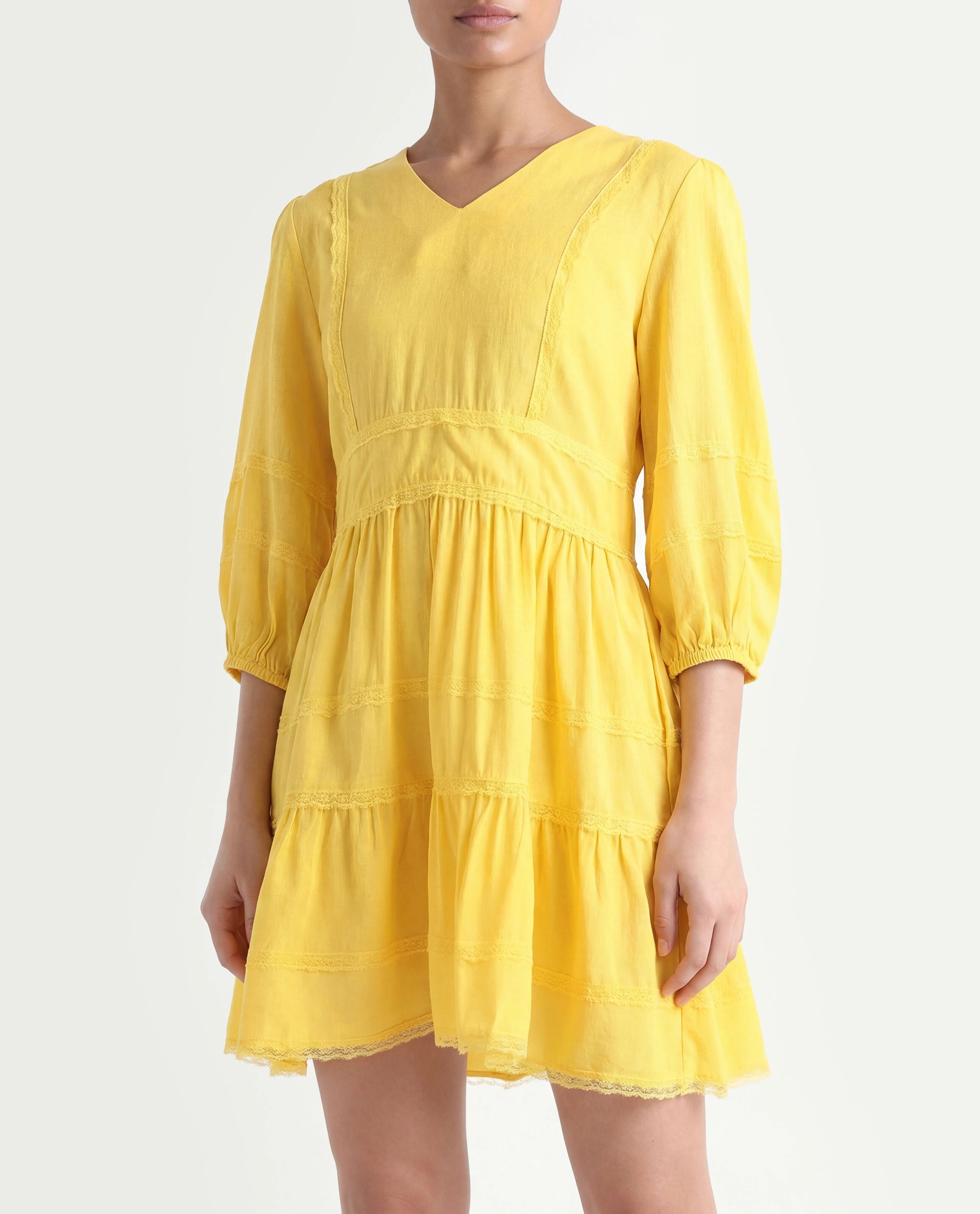 Rareism Women's Meruf Yellow Polyester Blend V-Neck Plain Balloon Sleeve Mini Regular Fit Dress