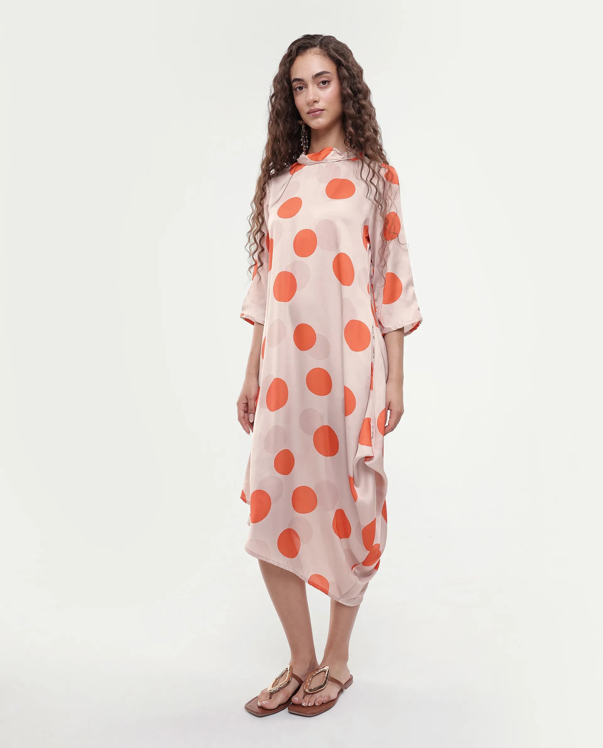 Rareism Women's Nia Light Beige Polyester High Neck Polka Print Midi Relaxed Fit Dress