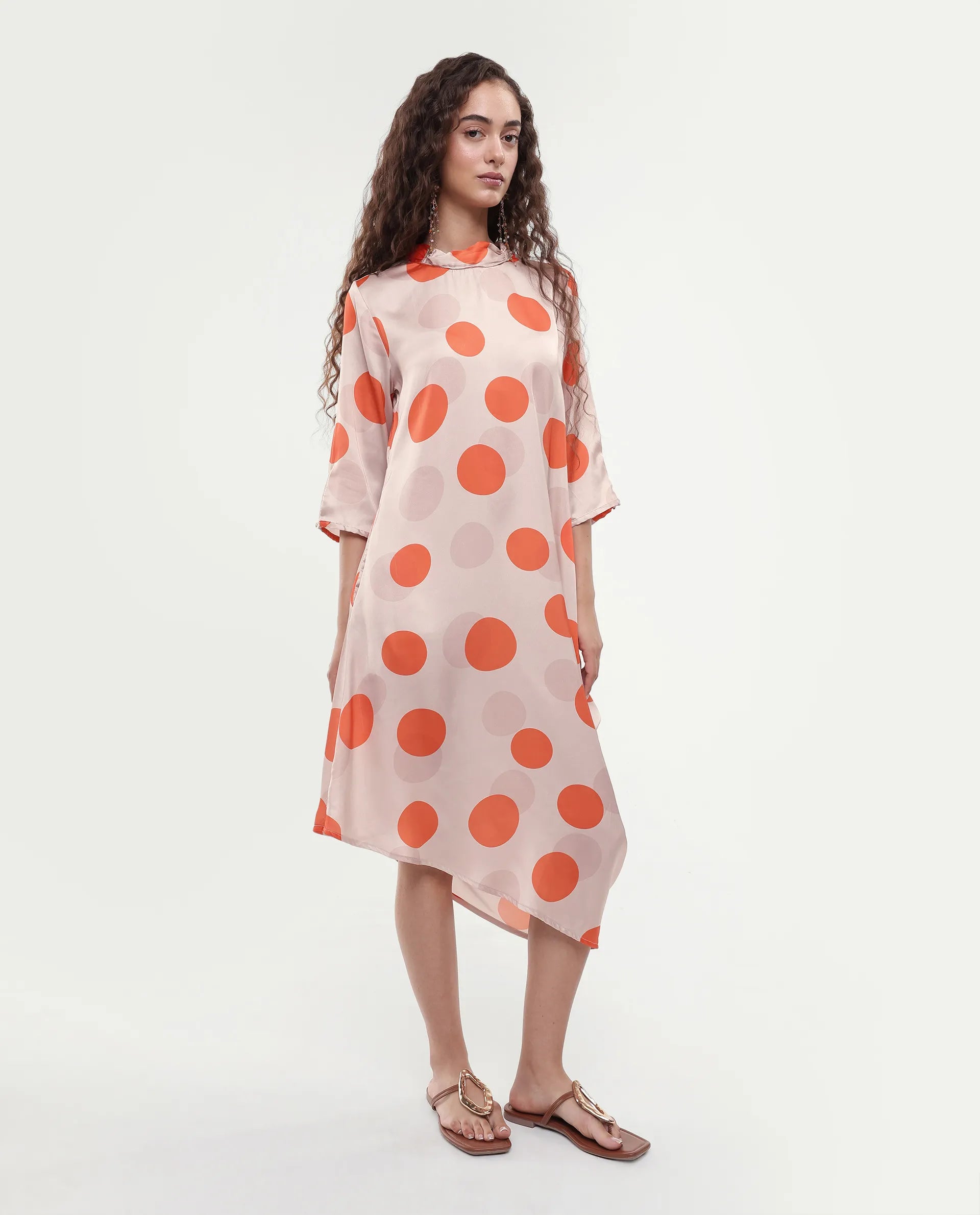 Rareism Women's Nia Light Beige Polyester High Neck Polka Print Midi Relaxed Fit Dress