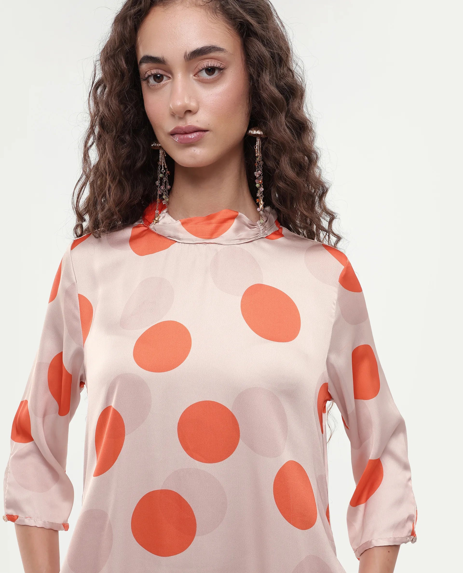 Rareism Women's Nia Light Beige Polyester High Neck Polka Print Midi Relaxed Fit Dress