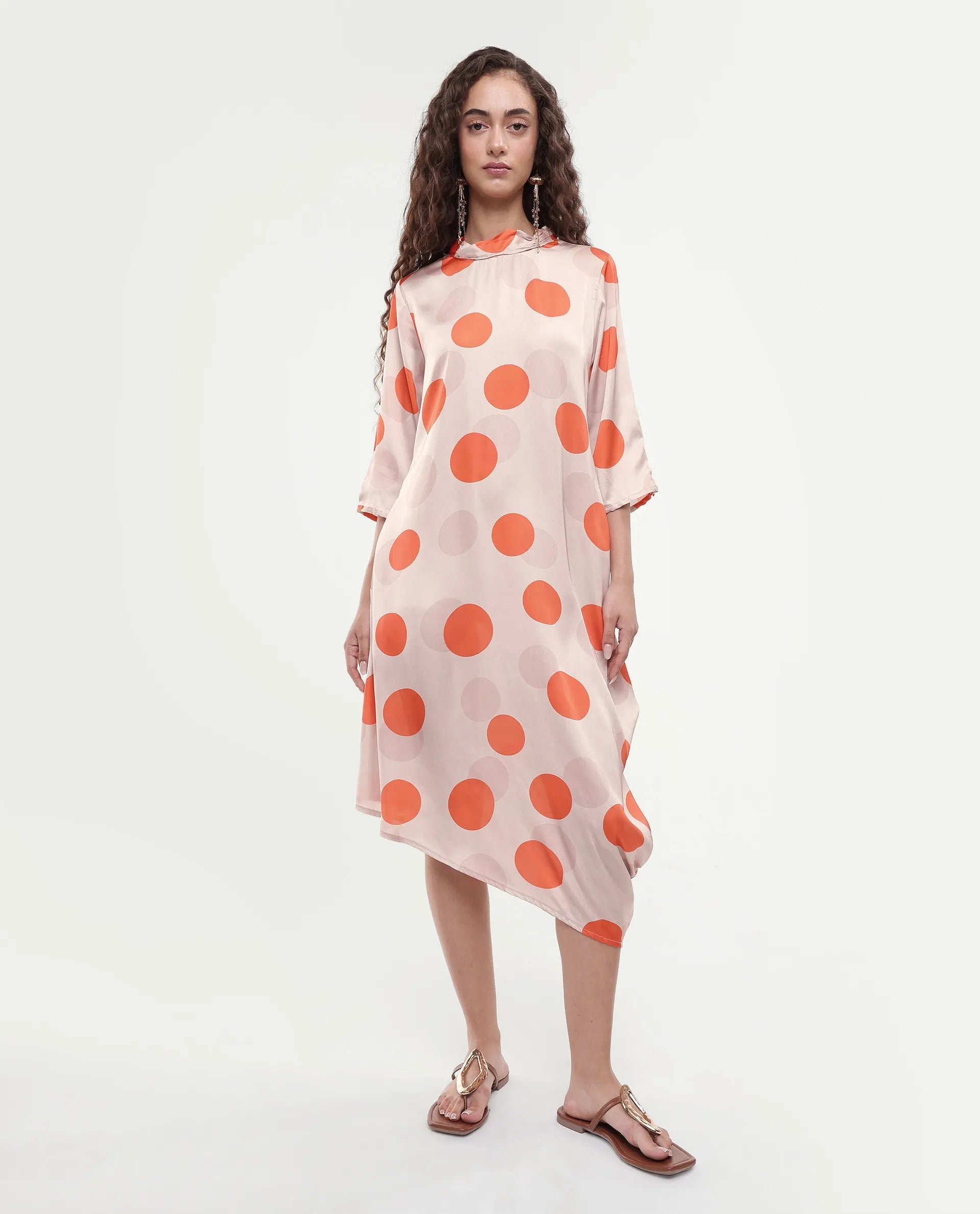 Rareism Women's Nia Light Beige Polyester High Neck Polka Print Midi Relaxed Fit Dress