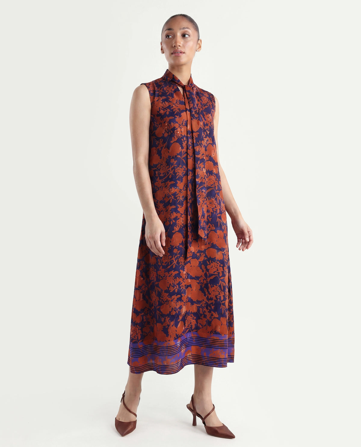 Rareism Women's Ellu Brown Polyester Tie-Up Neck Floral Print Sleeveless Knee Length Regular Fit Dress