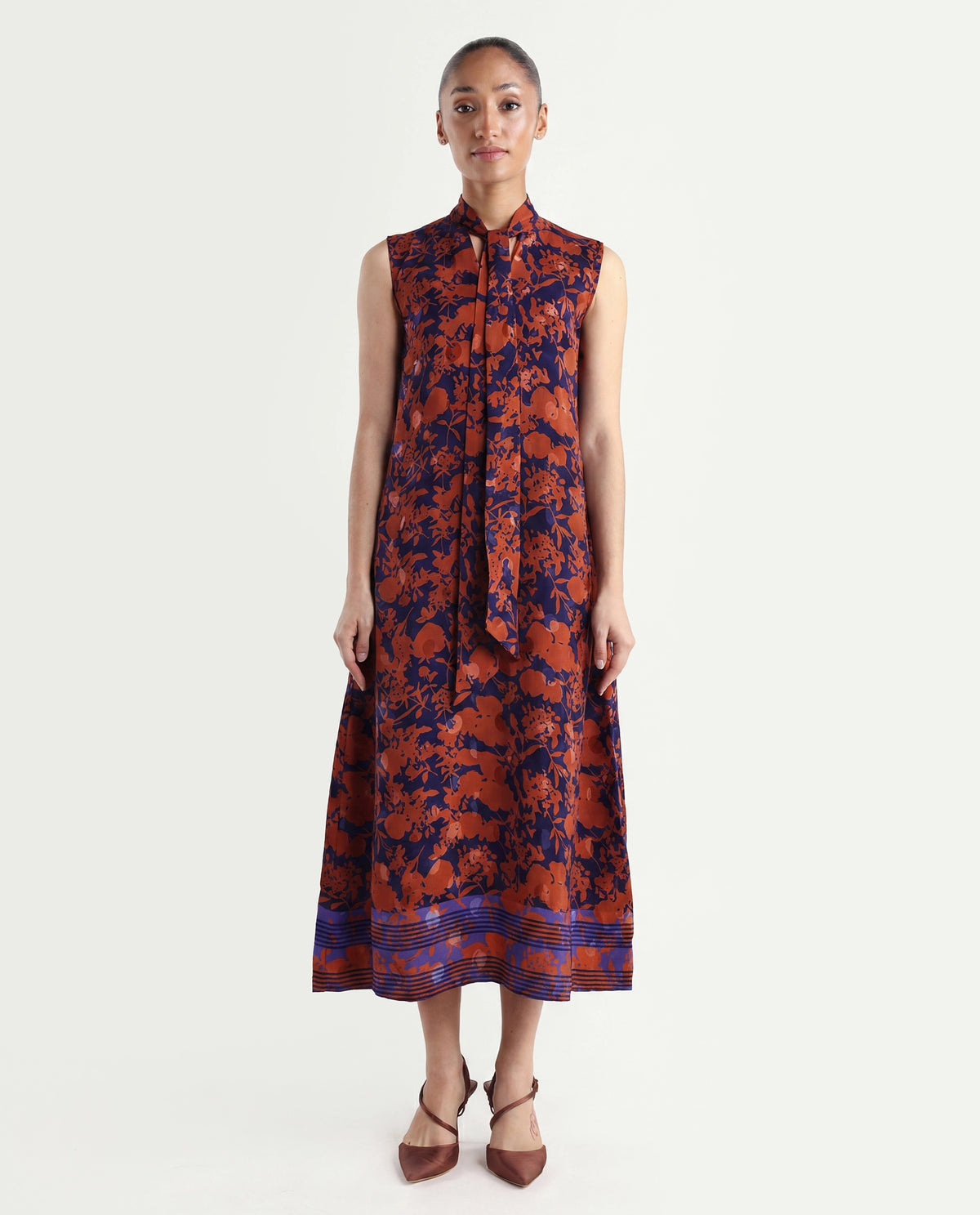 Rareism Women's Ellu Brown Polyester Tie-Up Neck Floral Print Sleeveless Knee Length Regular Fit Dress