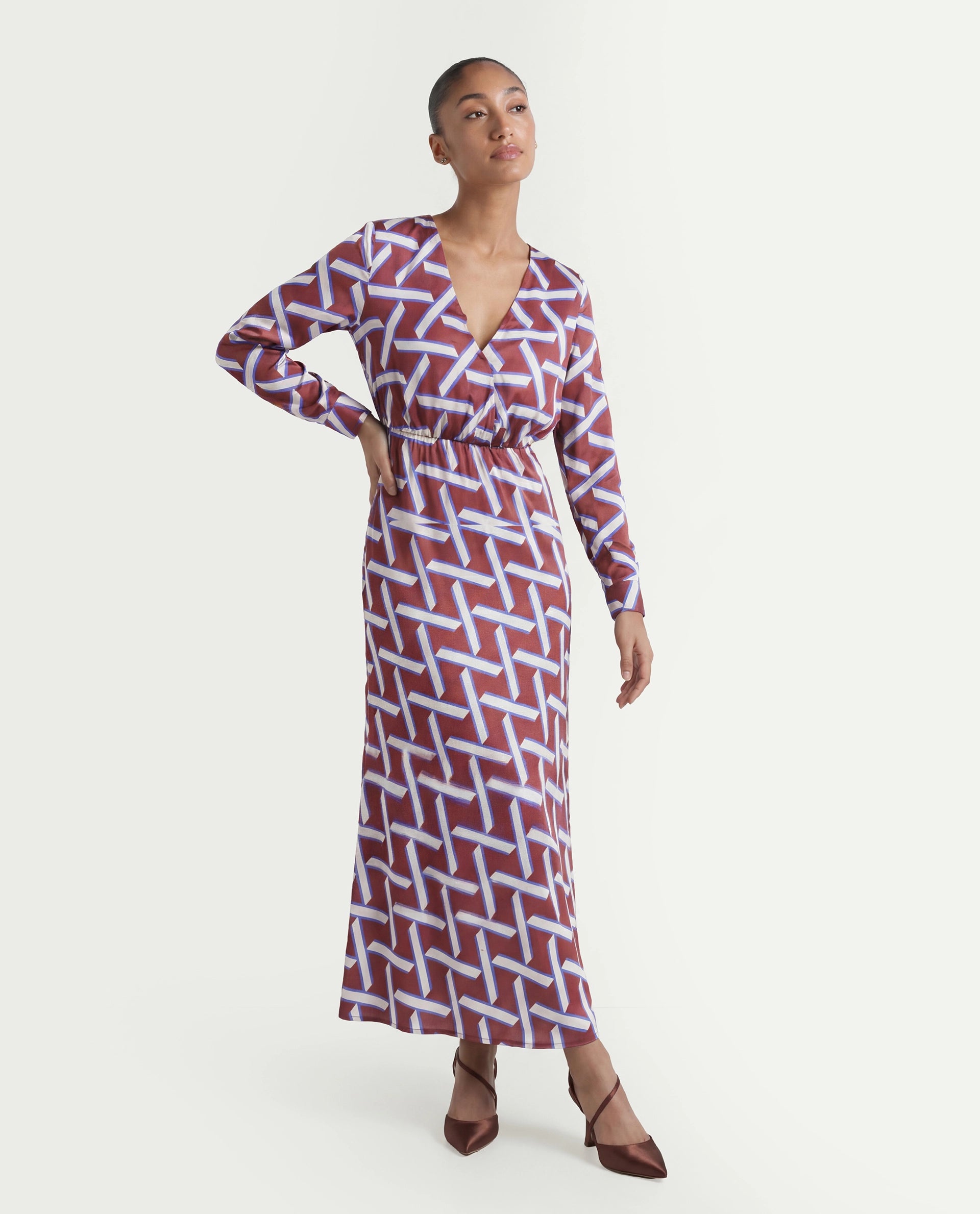 Rareism Women's Phara Brown Polyester V-Neck Geometric Print Maxi Regular Fit Dress