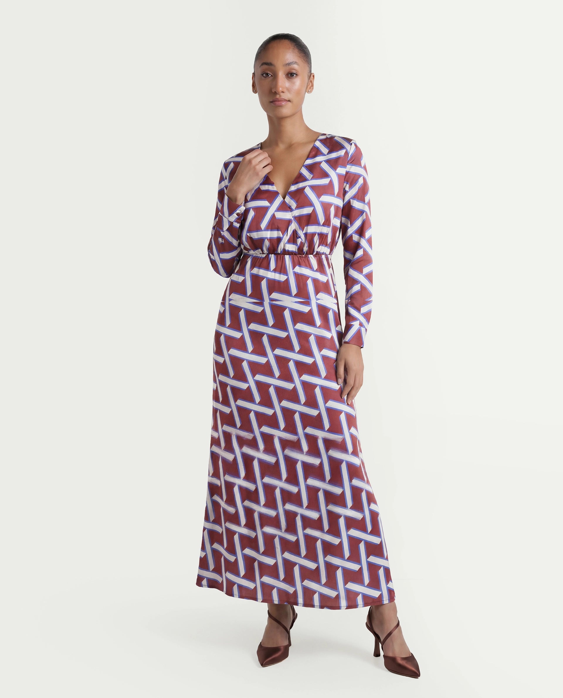 Rareism Women's Phara Brown Polyester V-Neck Geometric Print Maxi Regular Fit Dress