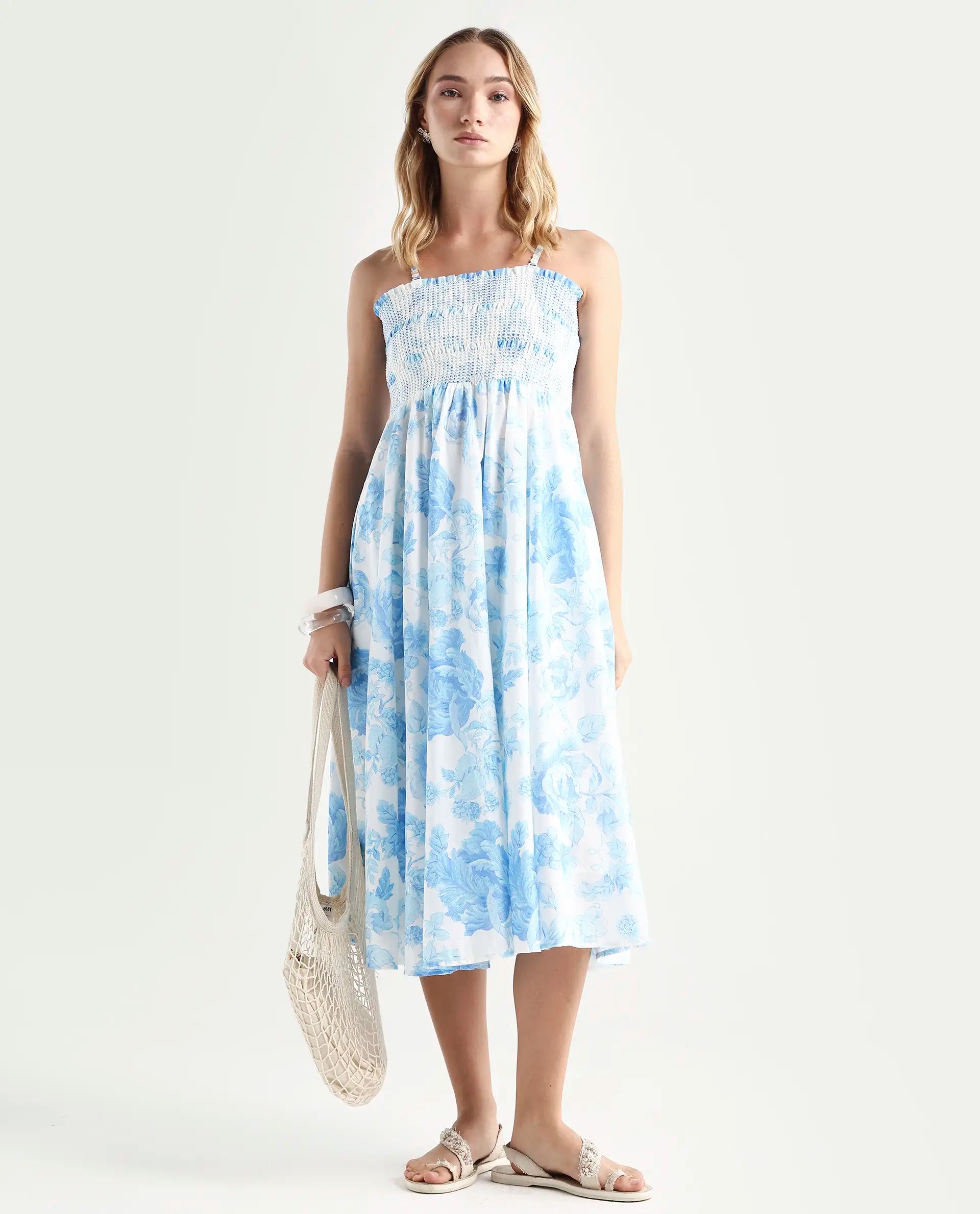 Buy Rosen - Light Blue Floral Print Maxi Dress| Rareism Buy Rosen - Light Blue Floral Print Maxi Dress| Rareism