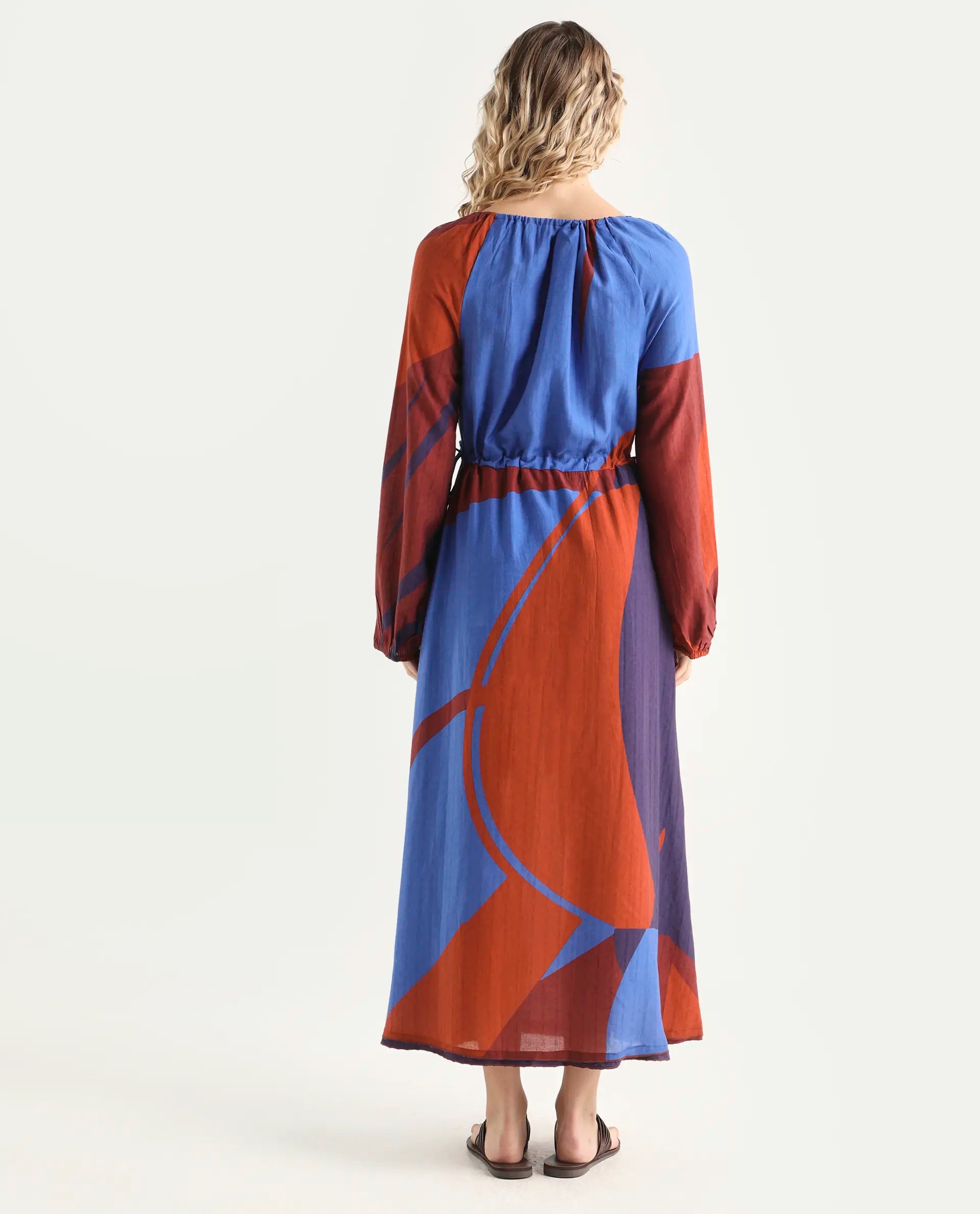 Rareism Women's Telor Brown Polyester Sweetheart Neck Abstract Print Balloon Sleeve Maxi Regular Fit Dress